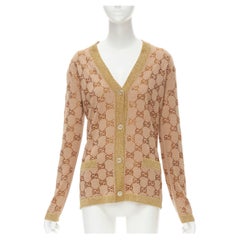 GUCCI Strickjacke aus Wolle mit goldenem Lurex-Monogramm in Braun, Orange und Kristall und Strass XS