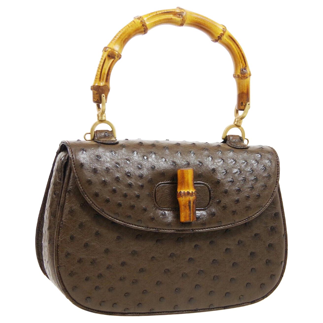 Gucci Brown Ostrich Bamboo Exotic Kelly Style Top Handle Satchel Shoulder Bag 