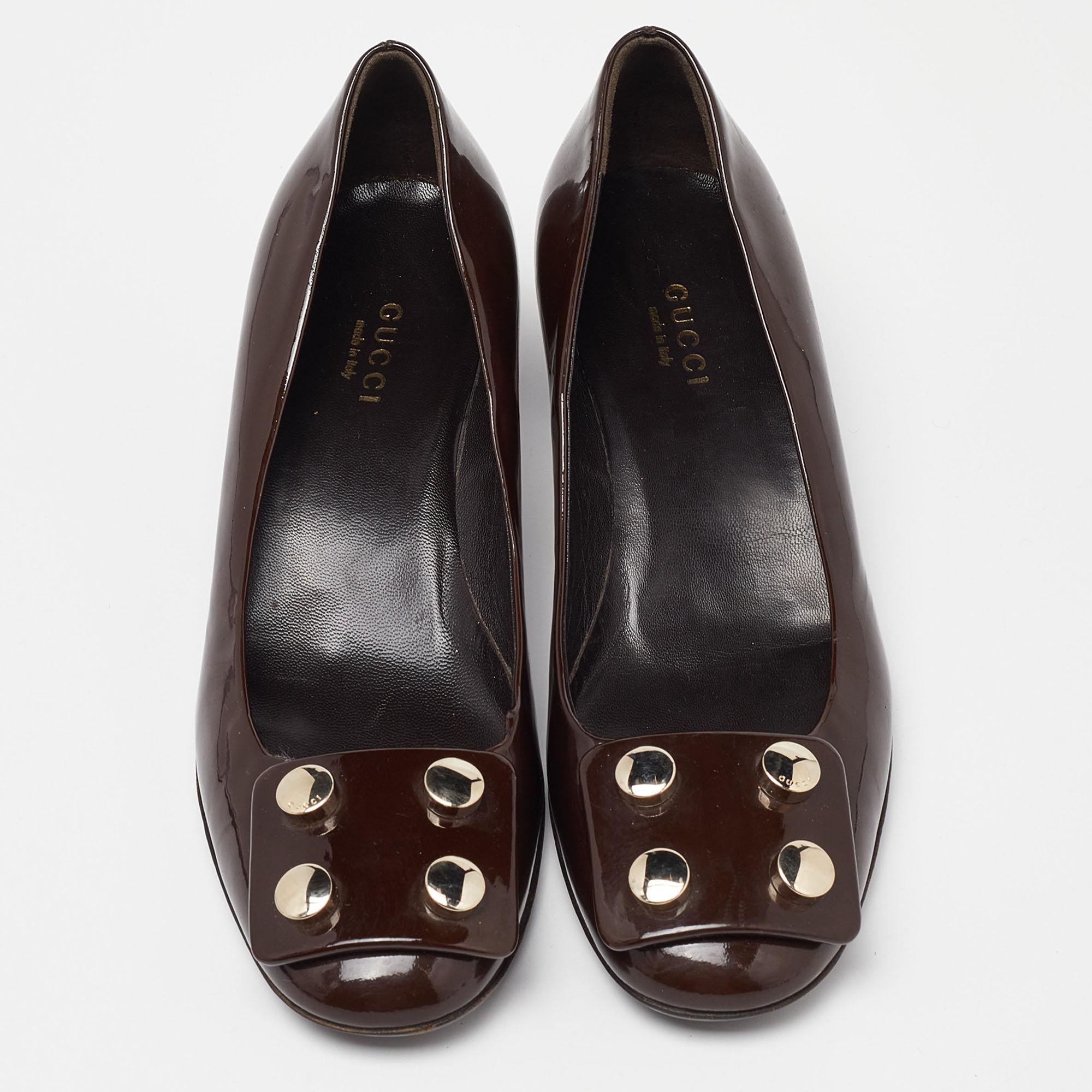 Black Gucci Brown Patent Leather Block Heel Pumps Size 35.5 For Sale