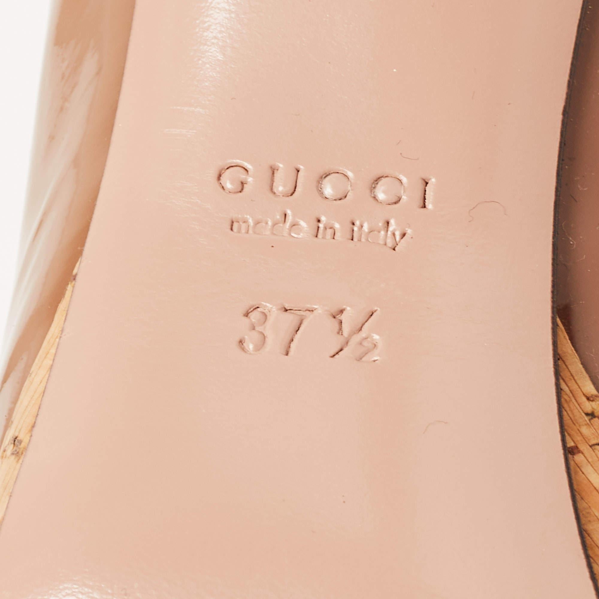 Gucci Brown Patent Leather Cork Platform Peep Toe Pumps Size 37.5 For Sale 4