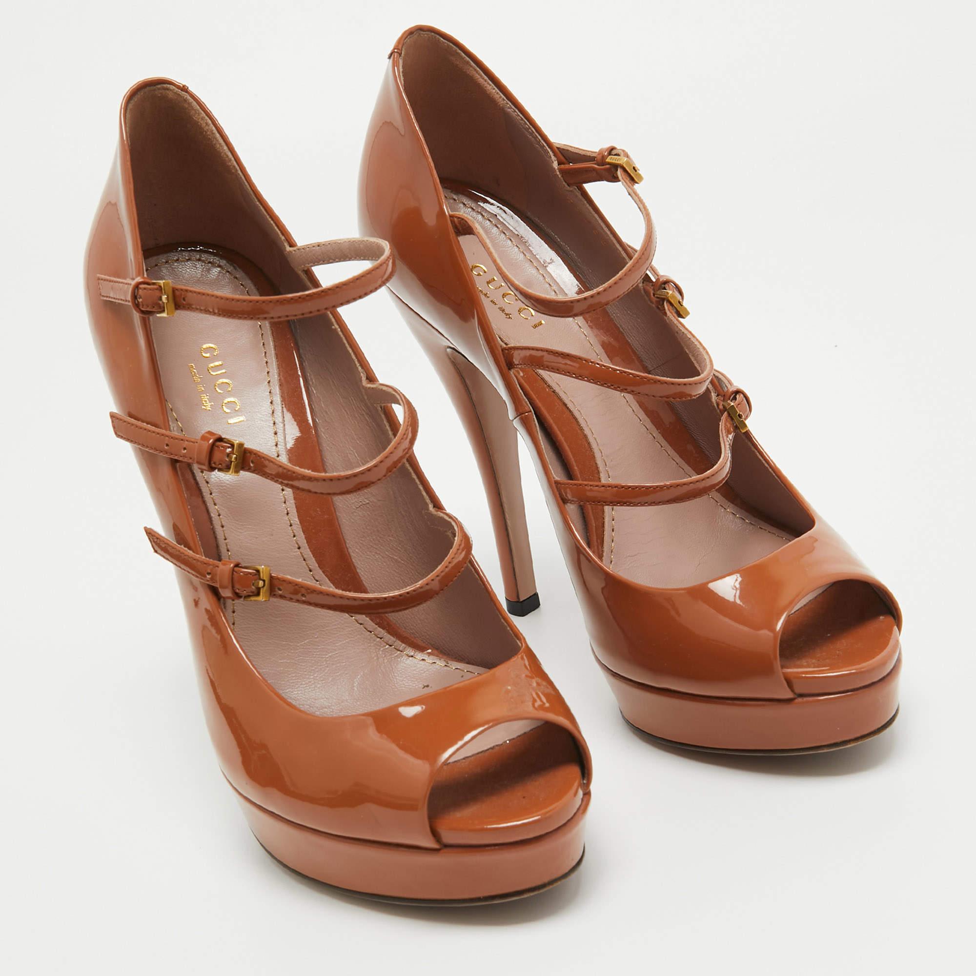 Gucci Marrón charol Lisbeth Open Toe Pumps Tamaño 38.5 en venta 1