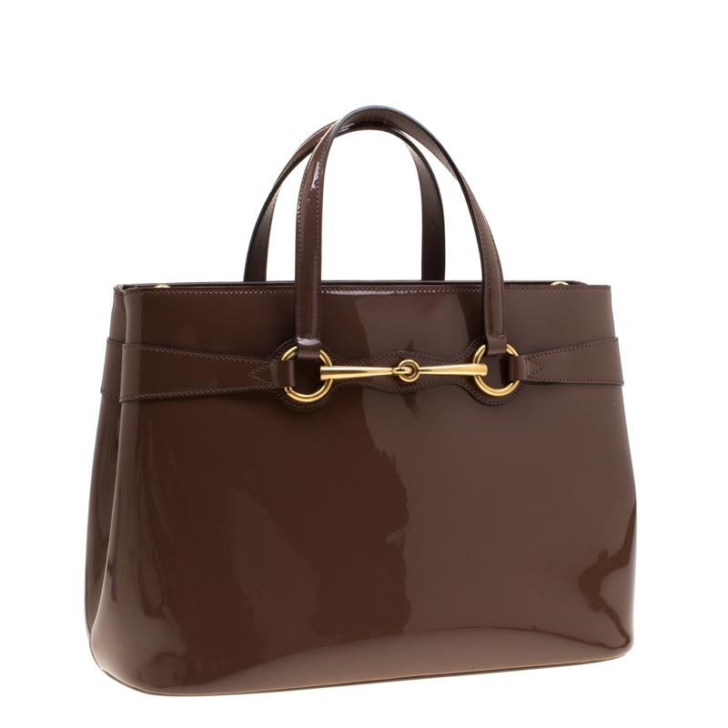 Gucci Brown Patent Leather Medium Bright Bit Top Handle Bag In Good Condition In Dubai, Al Qouz 2