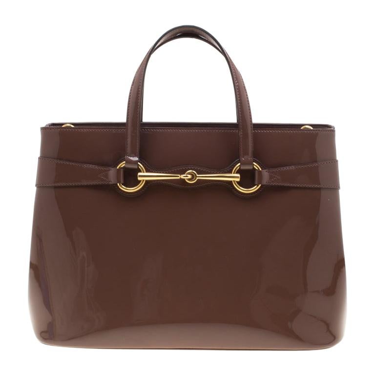 Gucci Brown Patent Leather Medium Bright Bit Top Handle Bag at 1stDibs