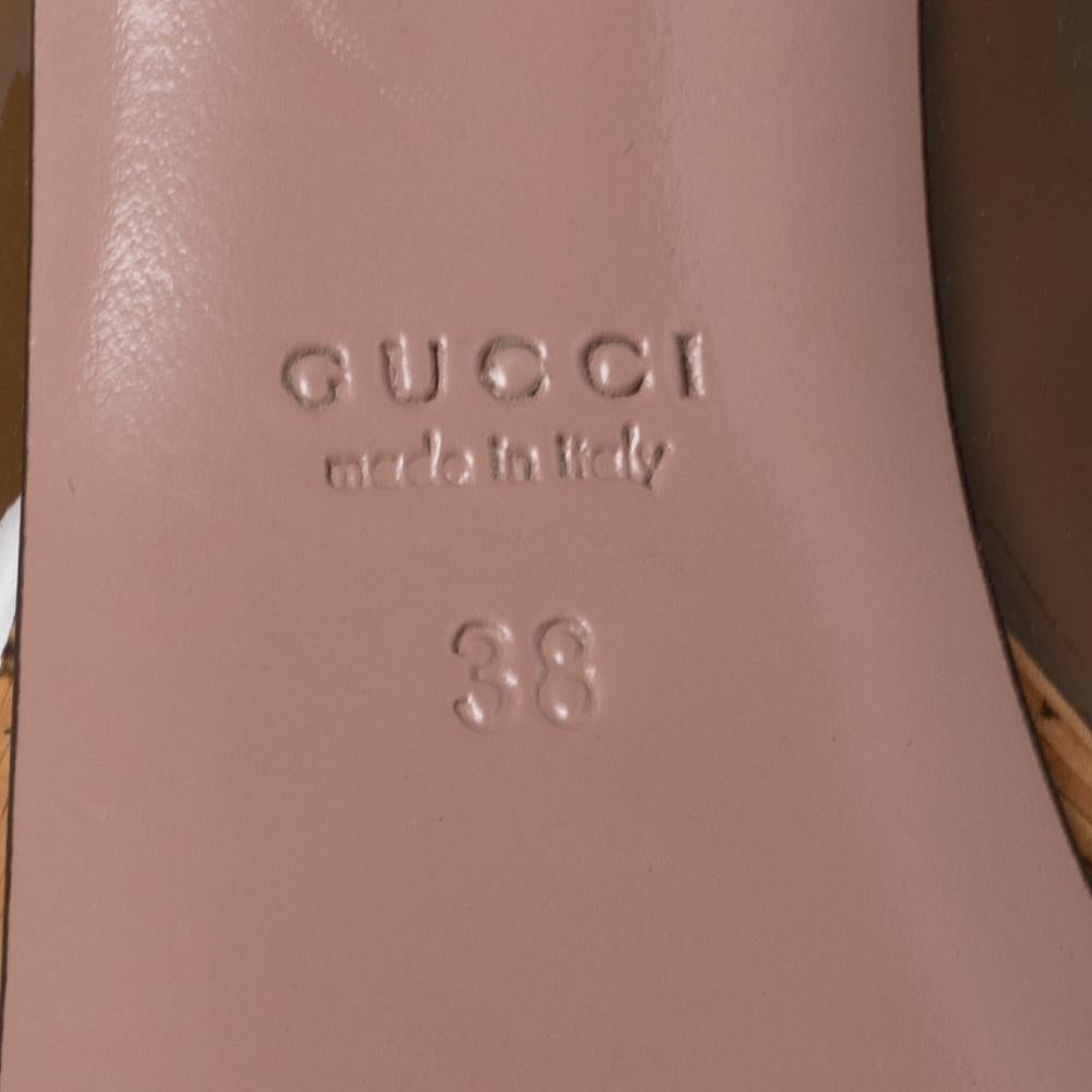 Gucci Brown Patent Leather Peep-Toe Cork Platform Pumps Size 38 For Sale 2