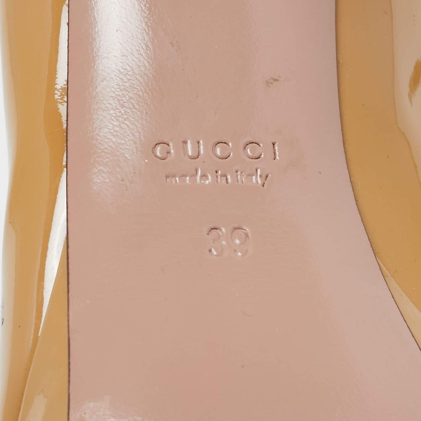 Women's Gucci Brown Patent Leather Peep Toe Platform Pumps Size 39 For Sale