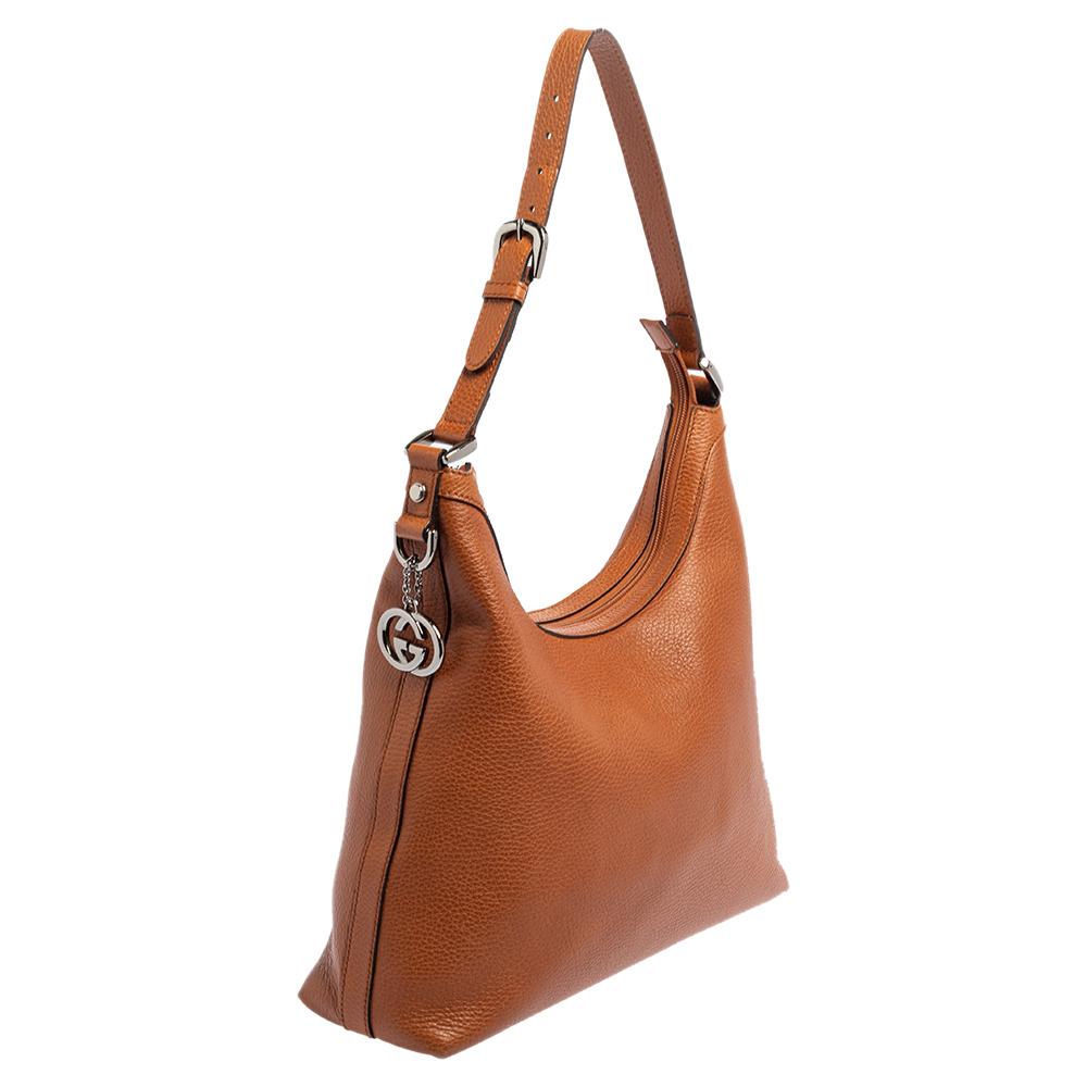 Women's Gucci Brown Pebbled Leather GG Charm Hobo
