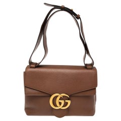 Gucci Brown Pebbled Leather GG Marmont Flap Shoulder Bag