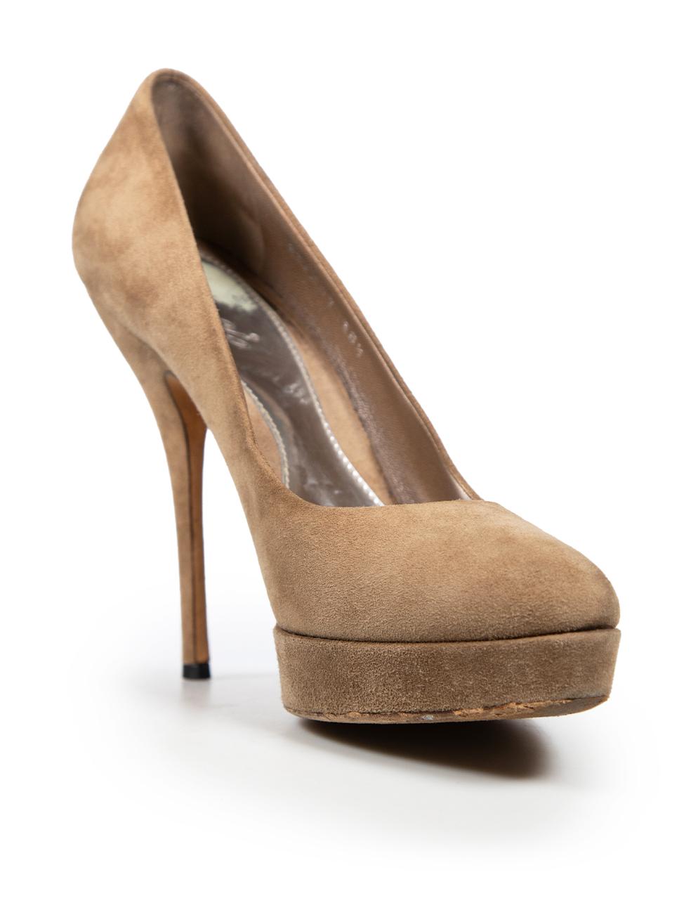 CONDITION is Good. Minor wear to the heels is evident. Deterioration to both heel tips and soles. Abrasion to the suede on the platform and toe box of both shoes. Marks to the out soles of both shoes. Discolouration to both in soles on this used