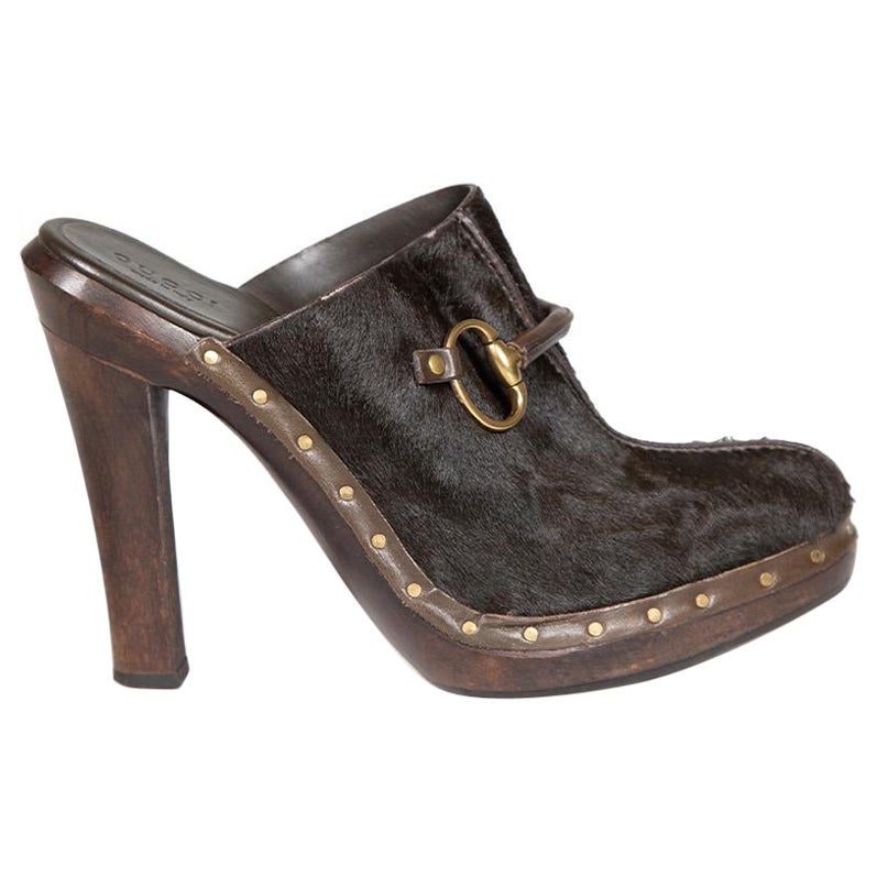 Gucci Brown Ponyhair Horsebit Accent Wooden Mules Size IT 37