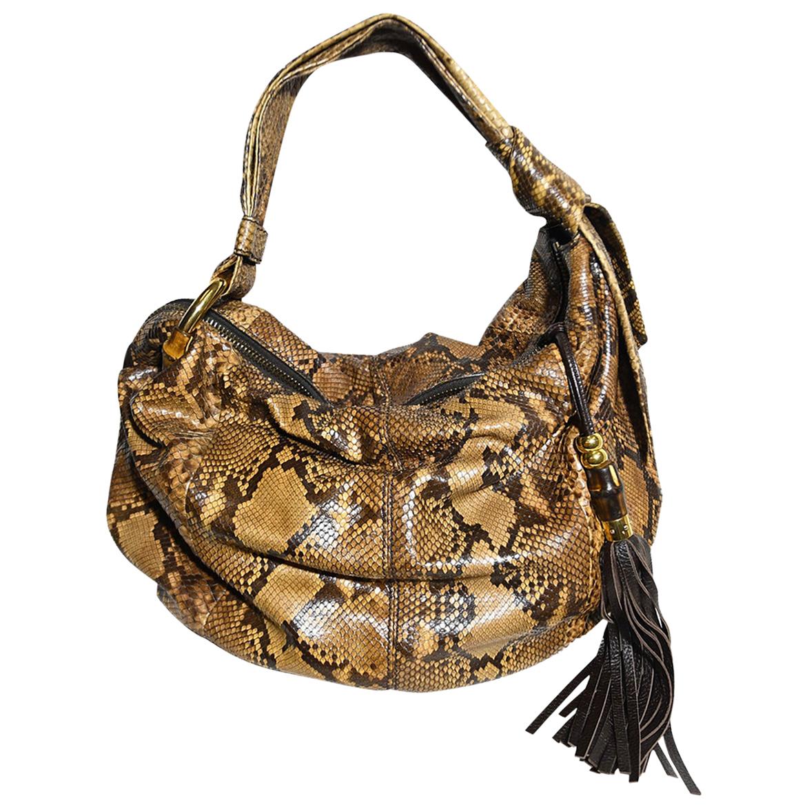 Gucci Brown Python Hobo Shoulder Bag With Tassel Zip Pull