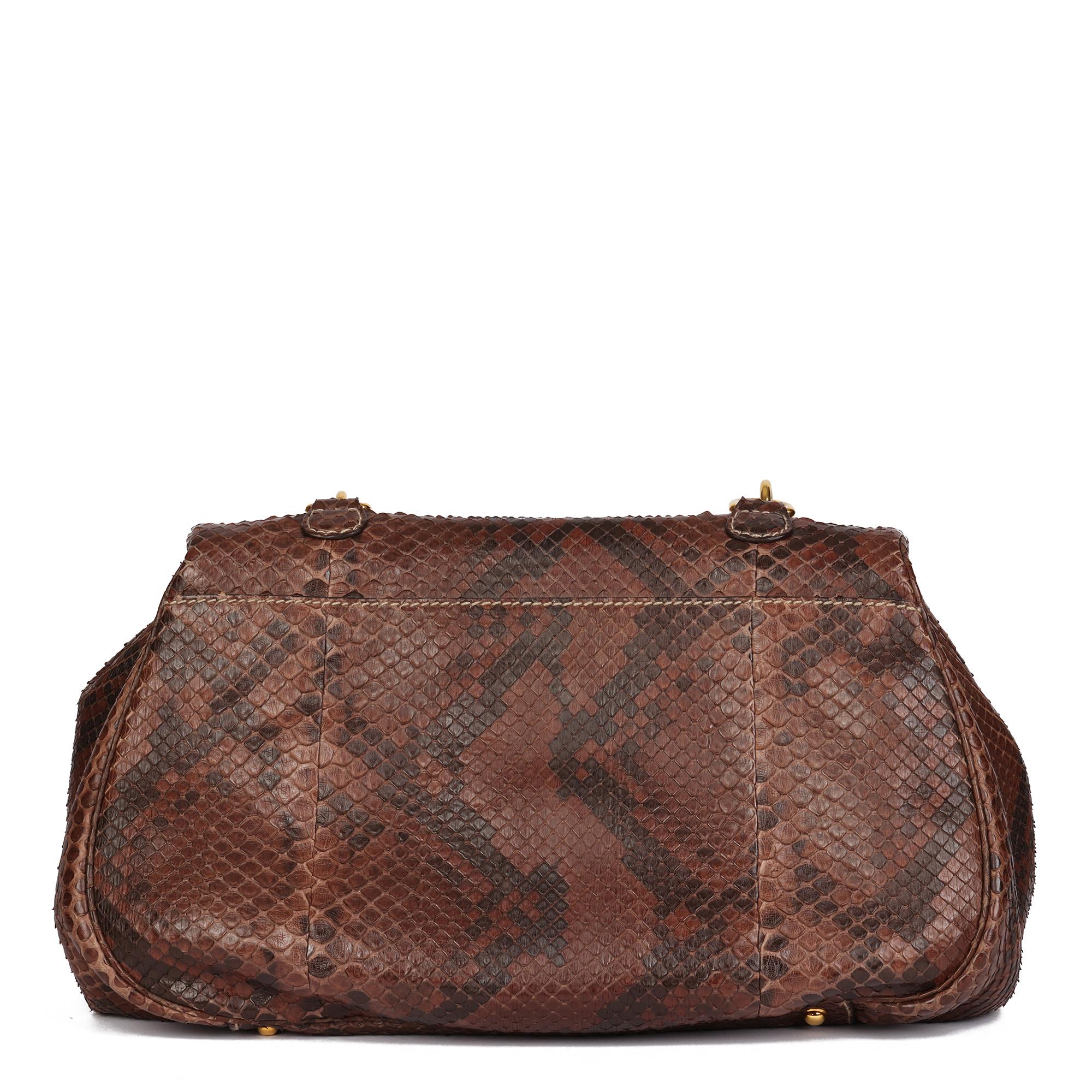 GUCCI Brown Python Leather Vintage Bamboo Classic Top Handle In Excellent Condition In Bishop's Stortford, Hertfordshire