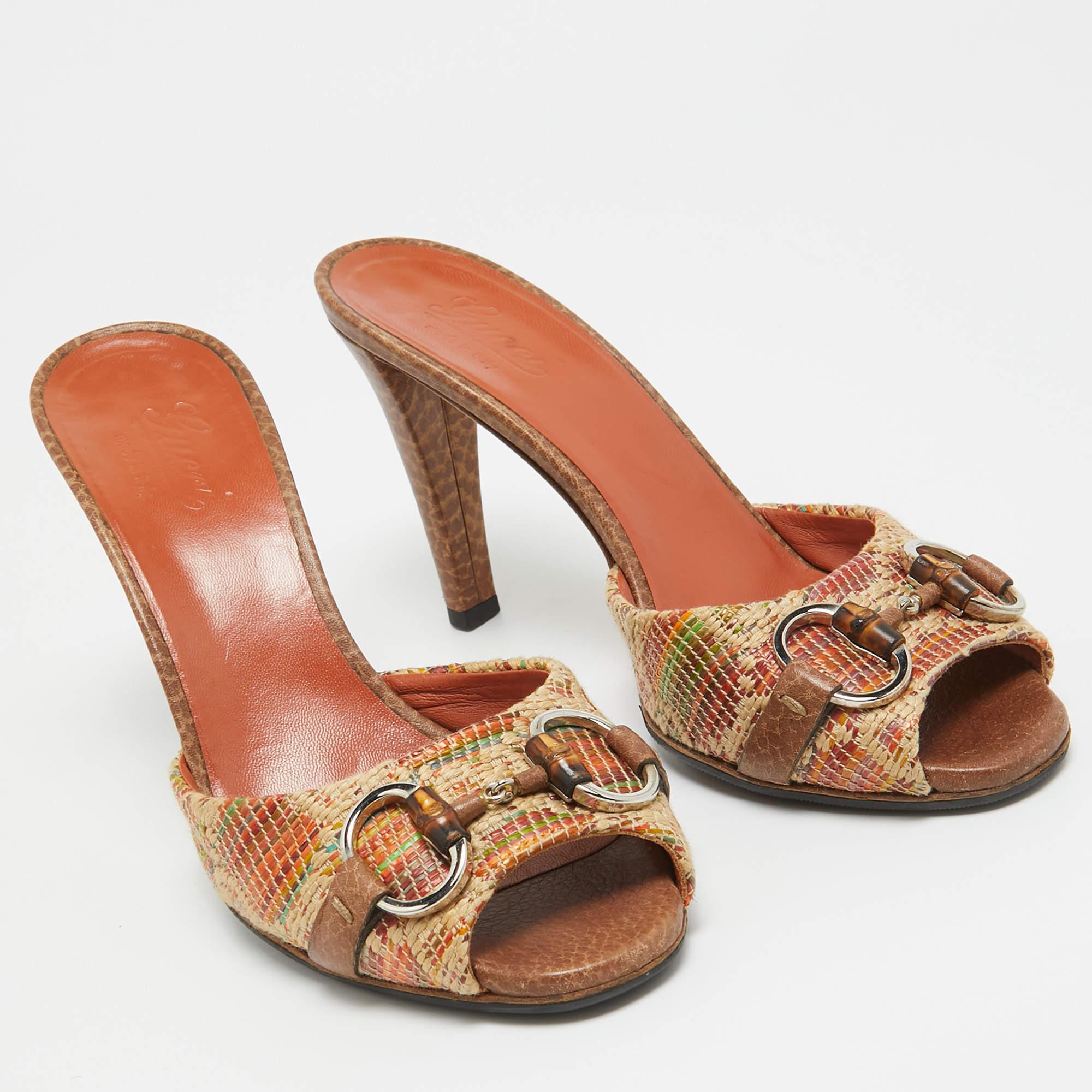 Women's Gucci Brown Raffia  Horsebit Slide Sandals Size 37