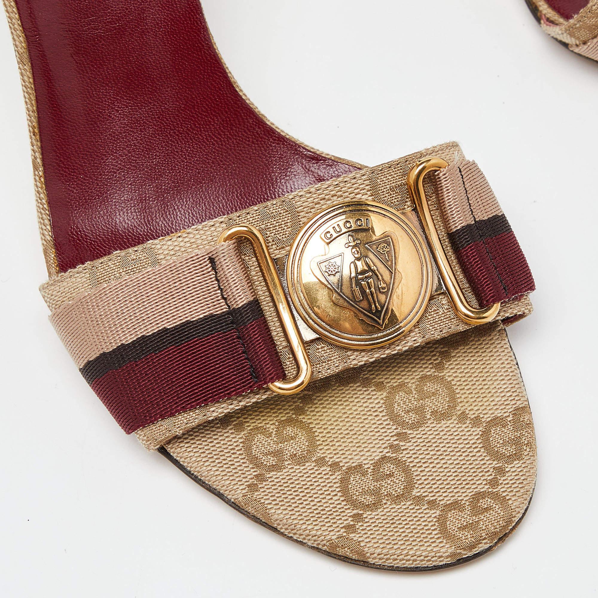 Gucci Brown/Red GG Canvas Schnalle Detail Slide Sandalen Größe 36 im Angebot 4