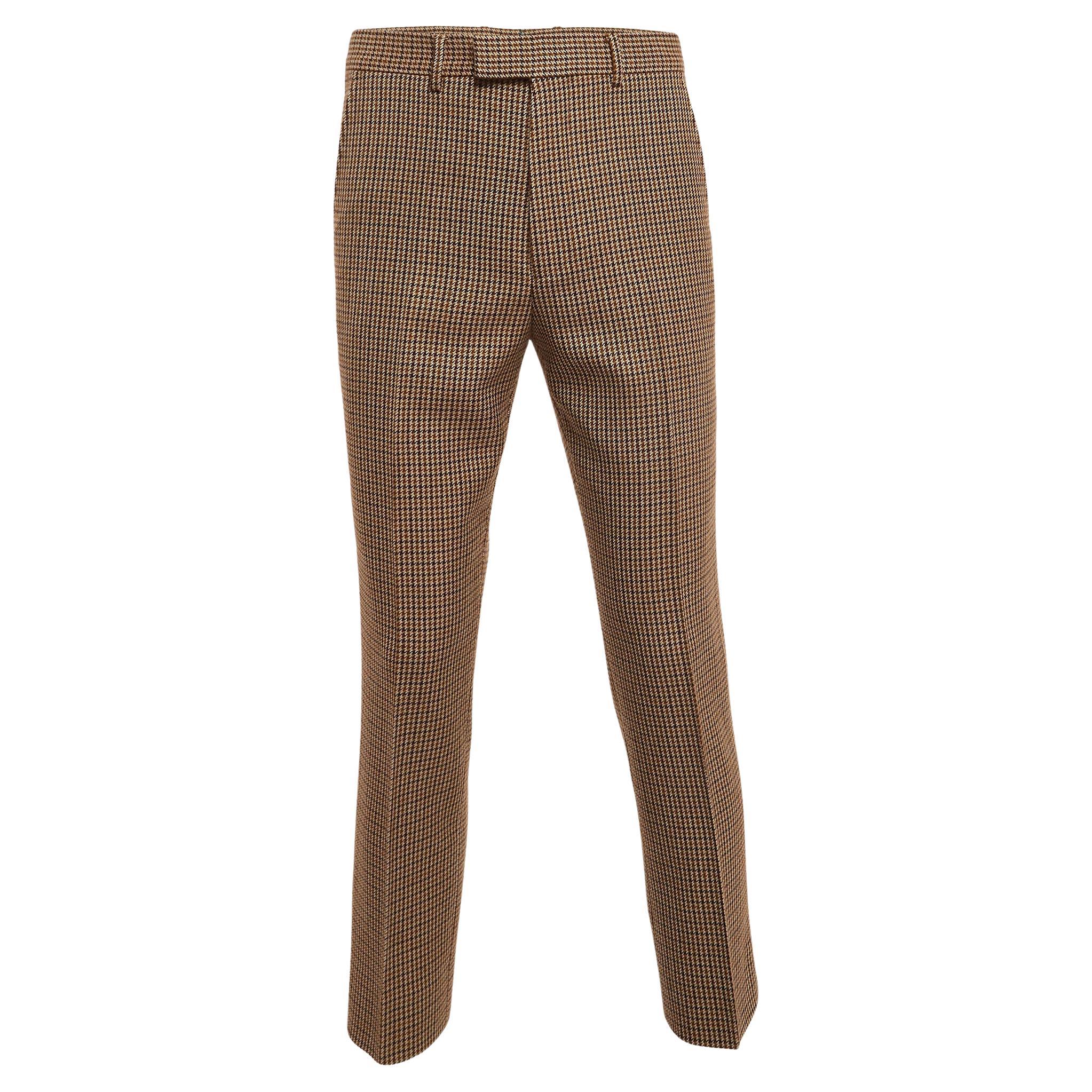Gucci Brown Shepherd Check Wool Tapered Trousers L For Sale