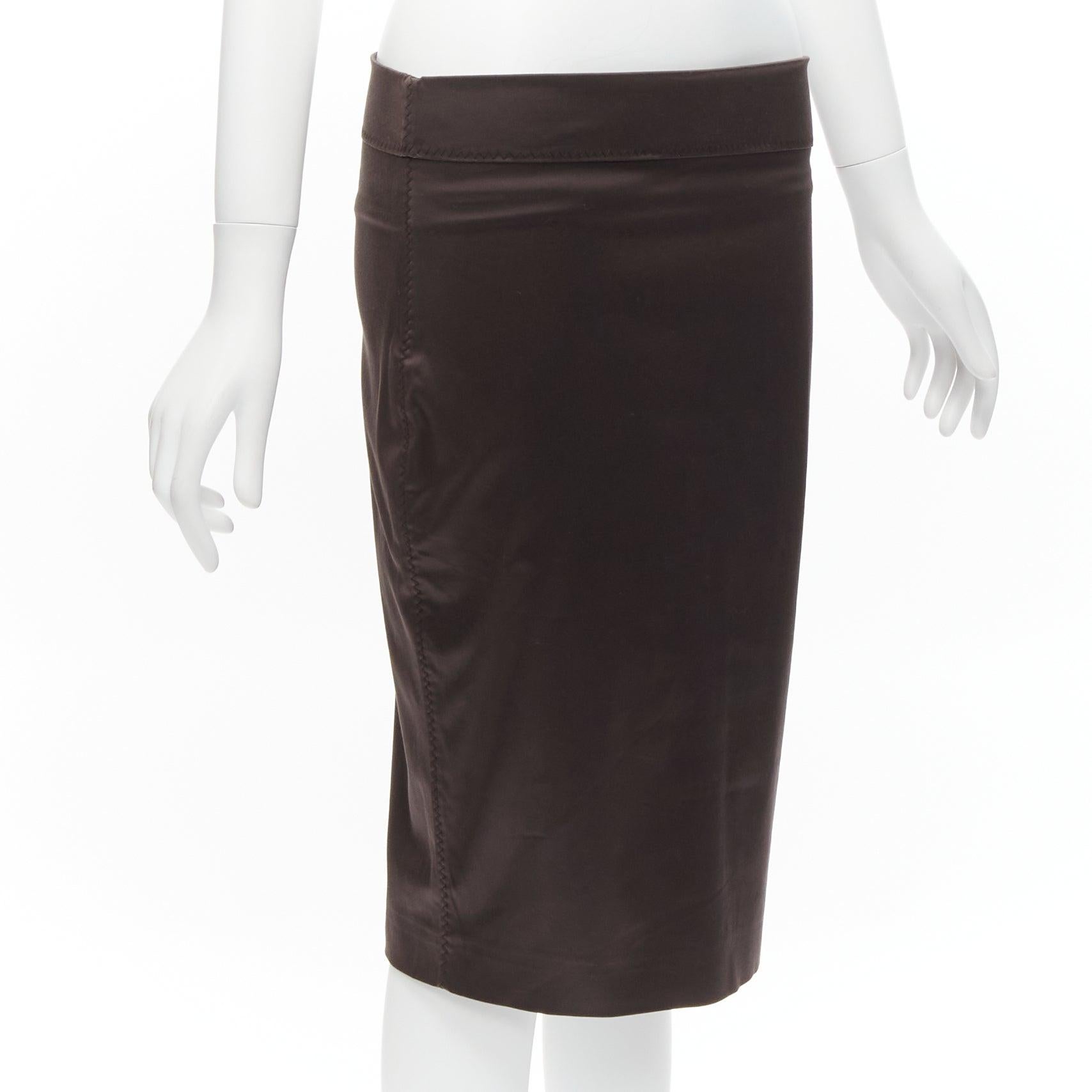 Black GUCCI brown silky texture zigzag topstitch flap waistband pencil knee skirt IT42 For Sale