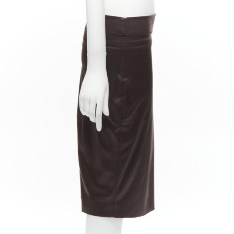 GUCCI brown silky texture zigzag topstitch flap waistband pencil knee skirt IT42 In Good Condition For Sale In Hong Kong, NT