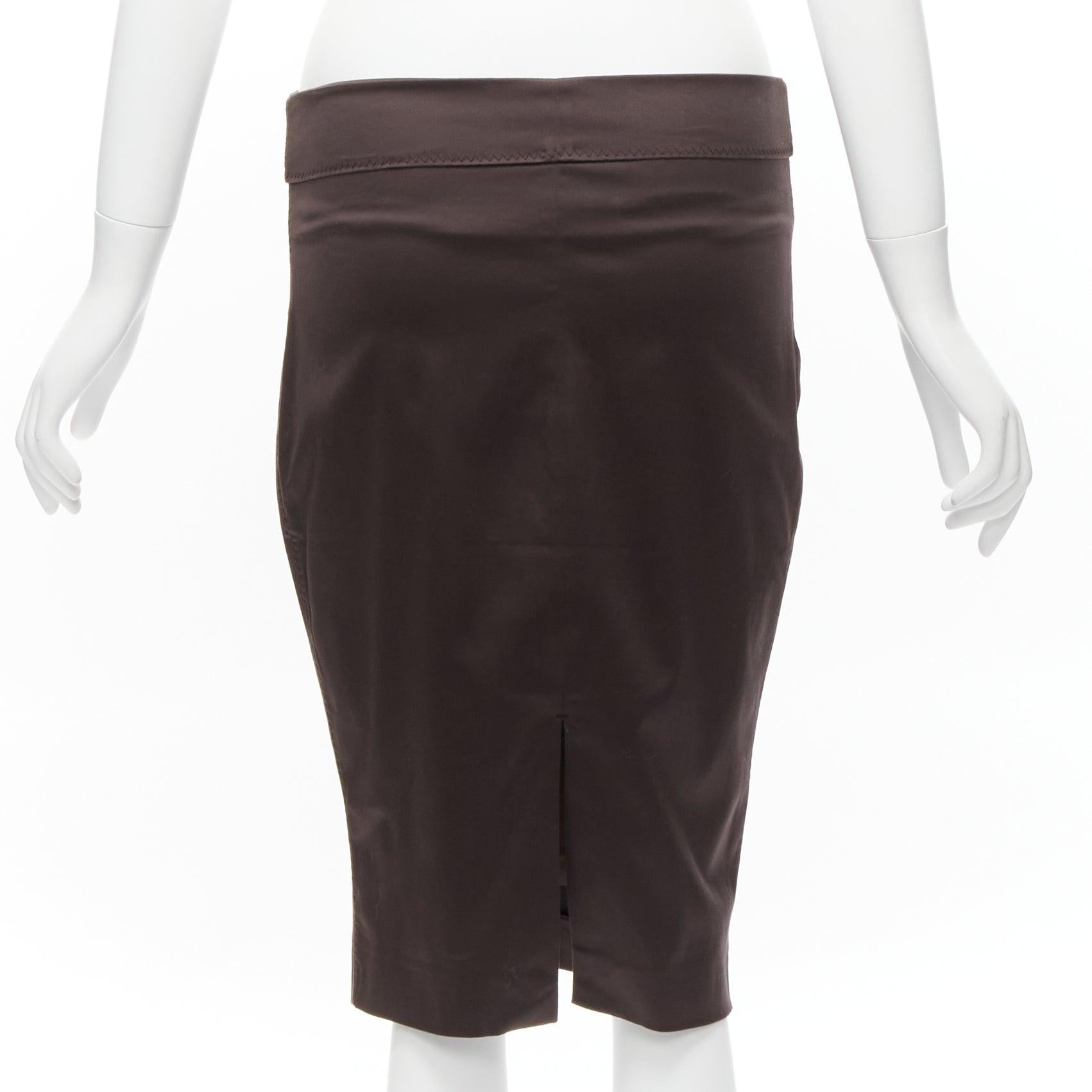 Women's GUCCI brown silky texture zigzag topstitch flap waistband pencil knee skirt IT42 For Sale