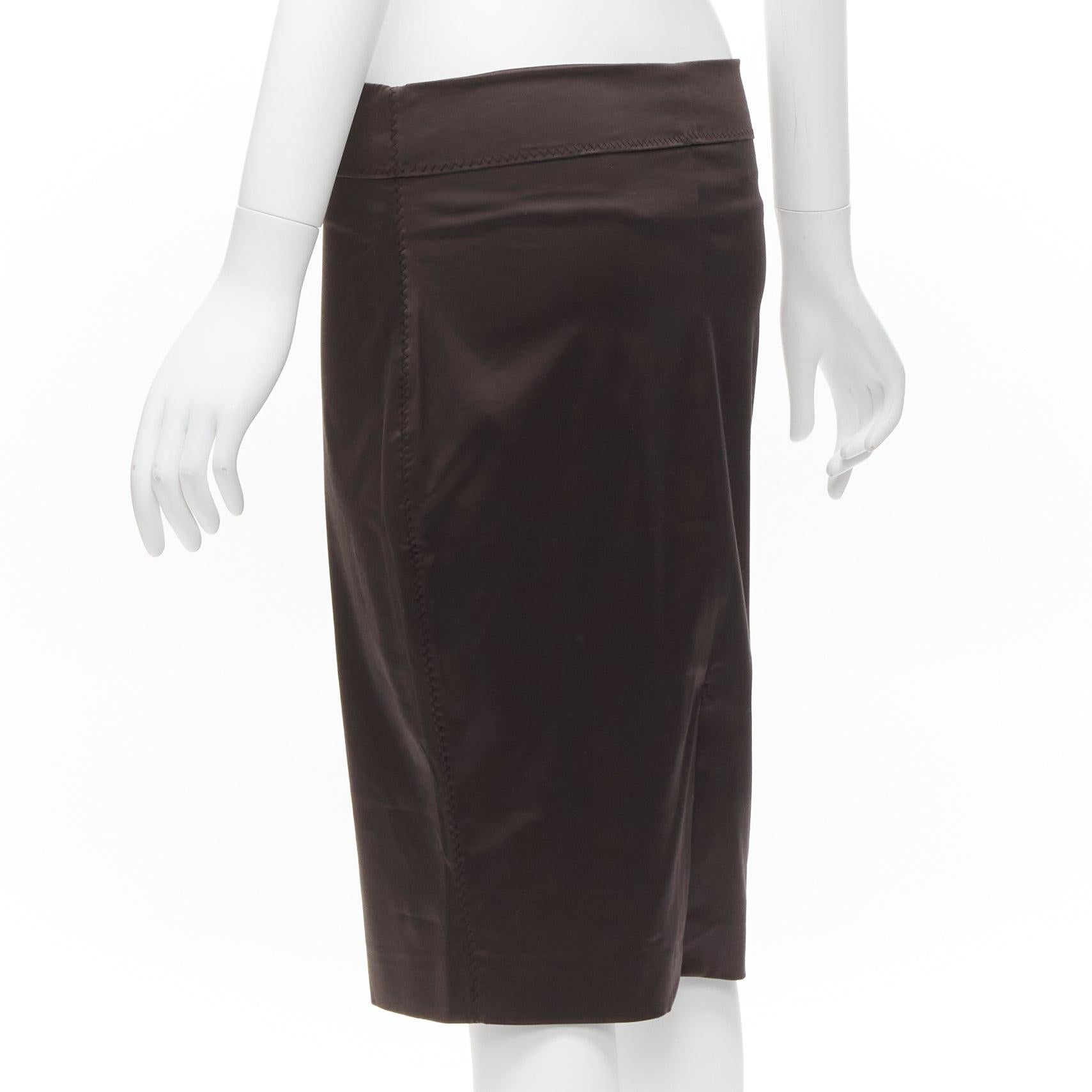 GUCCI brown silky texture zigzag topstitch flap waistband pencil knee skirt IT42 For Sale 1