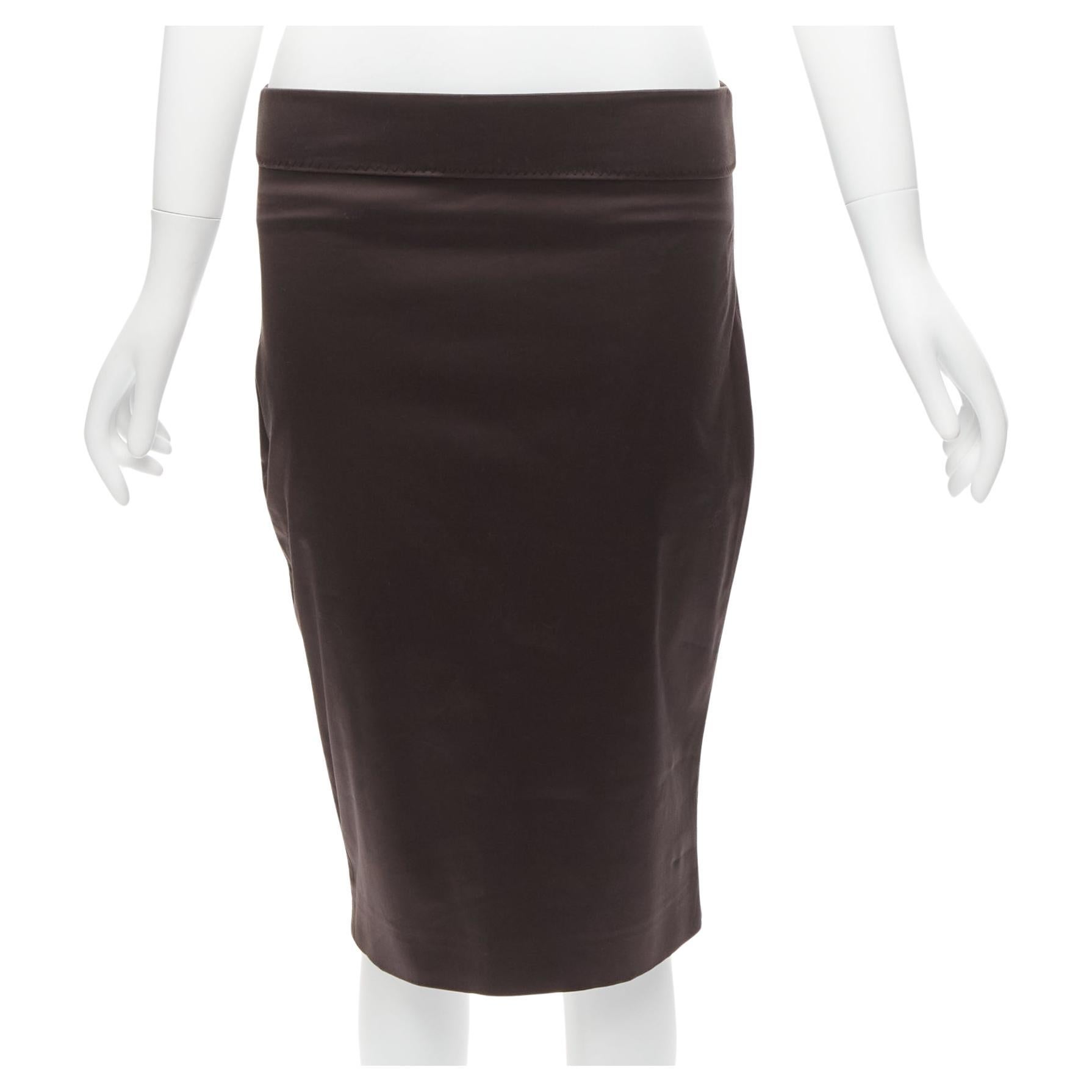 GUCCI brown silky texture zigzag topstitch flap waistband pencil knee skirt IT42 For Sale