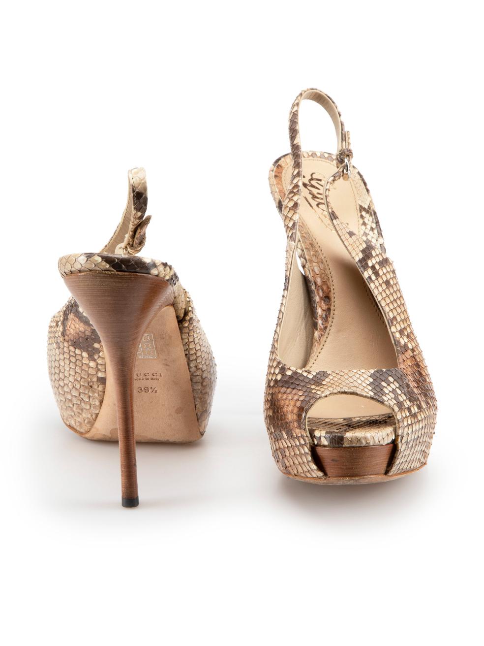 Gucci Brown Snakeskin Peep Toe Heels Size IT 39.5 In Good Condition For Sale In London, GB