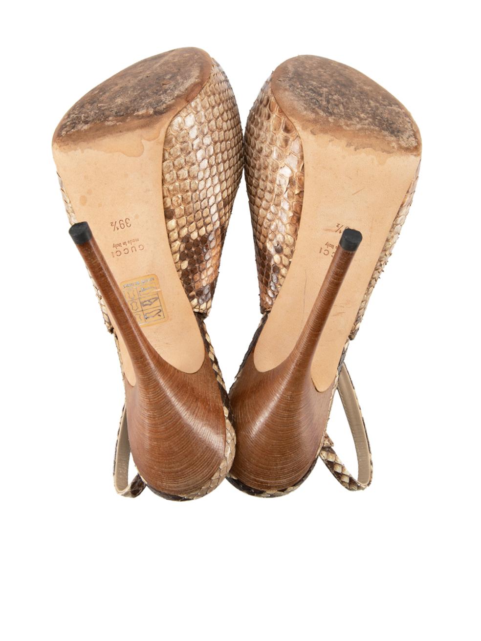 Women's Gucci Brown Snakeskin Peep Toe Heels Size IT 39.5 For Sale