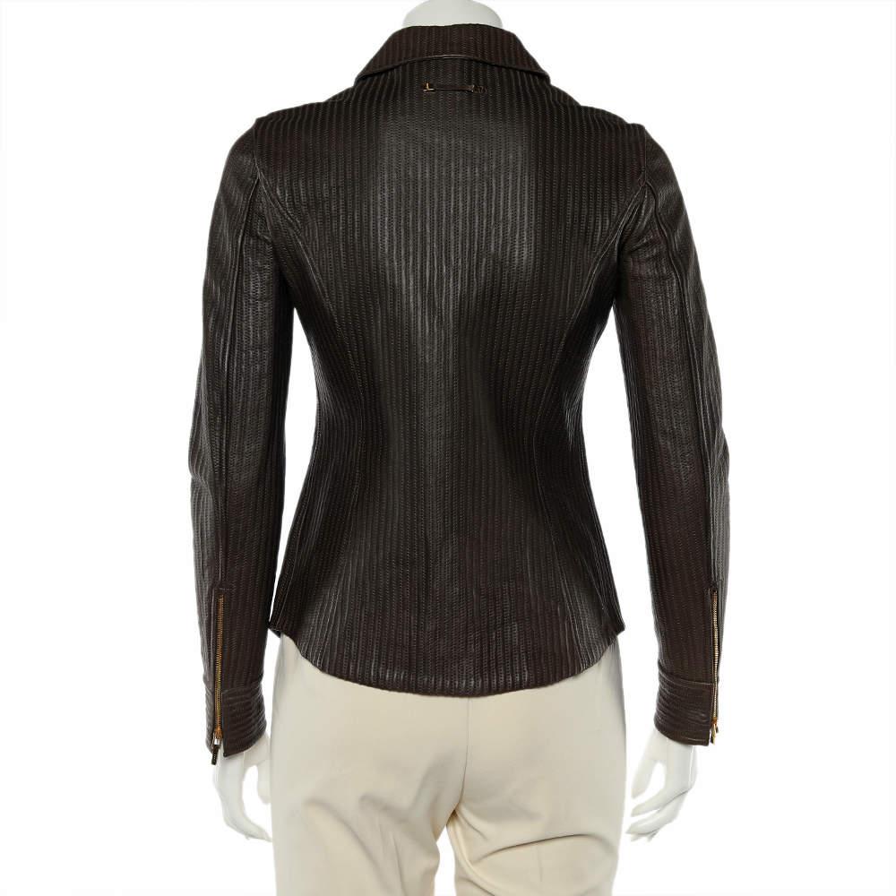 Black Gucci Brown Stitched Leather Zip Front Jacket M