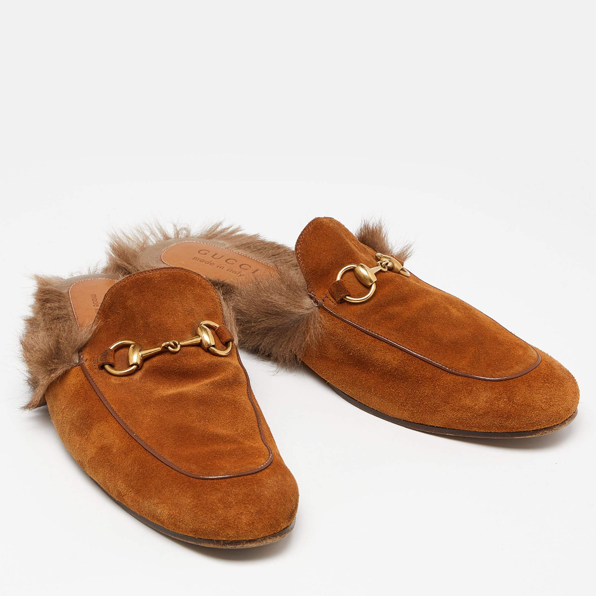 Men's Gucci Brown Suede and Fur Lined Princetown Flat Mules Size 42 For Sale