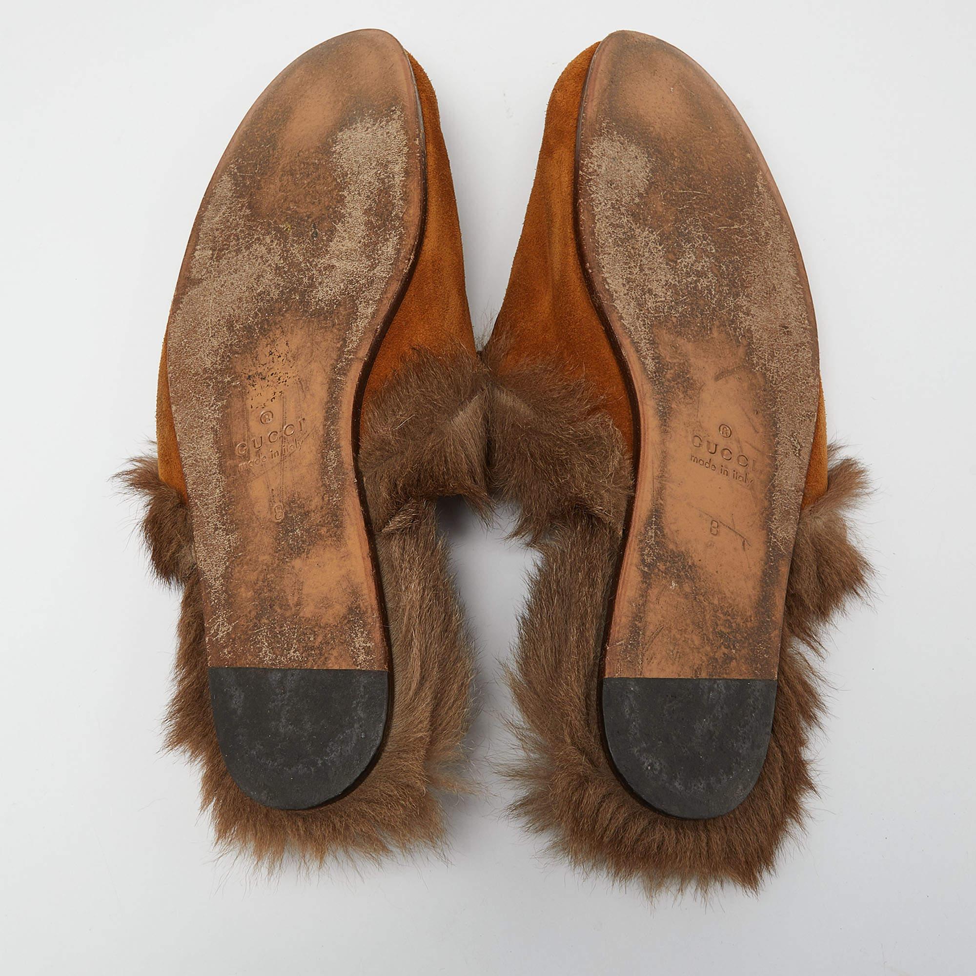 Gucci Brown Suede and Fur Lined Princetown Flat Mules Size 42 For Sale 1