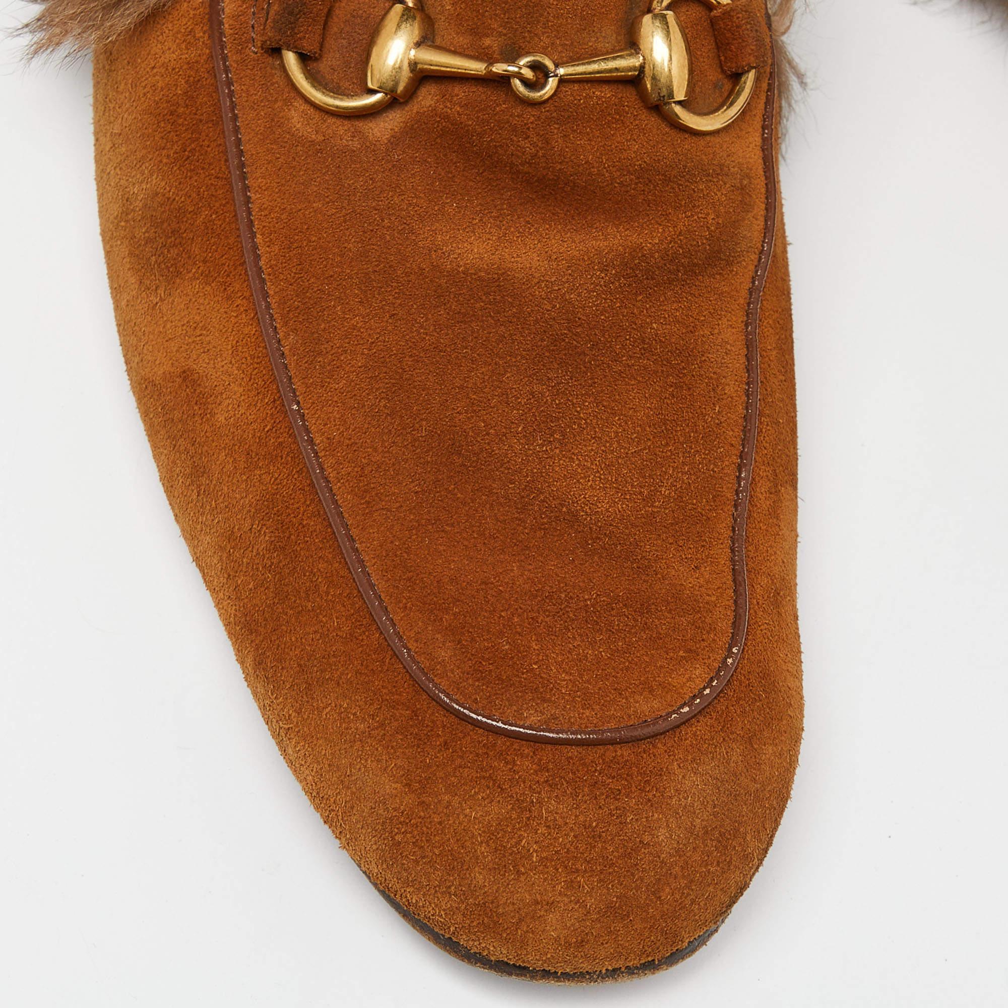 Gucci Brown Suede and Fur Lined Princetown Flat Mules Size 42 For Sale 4