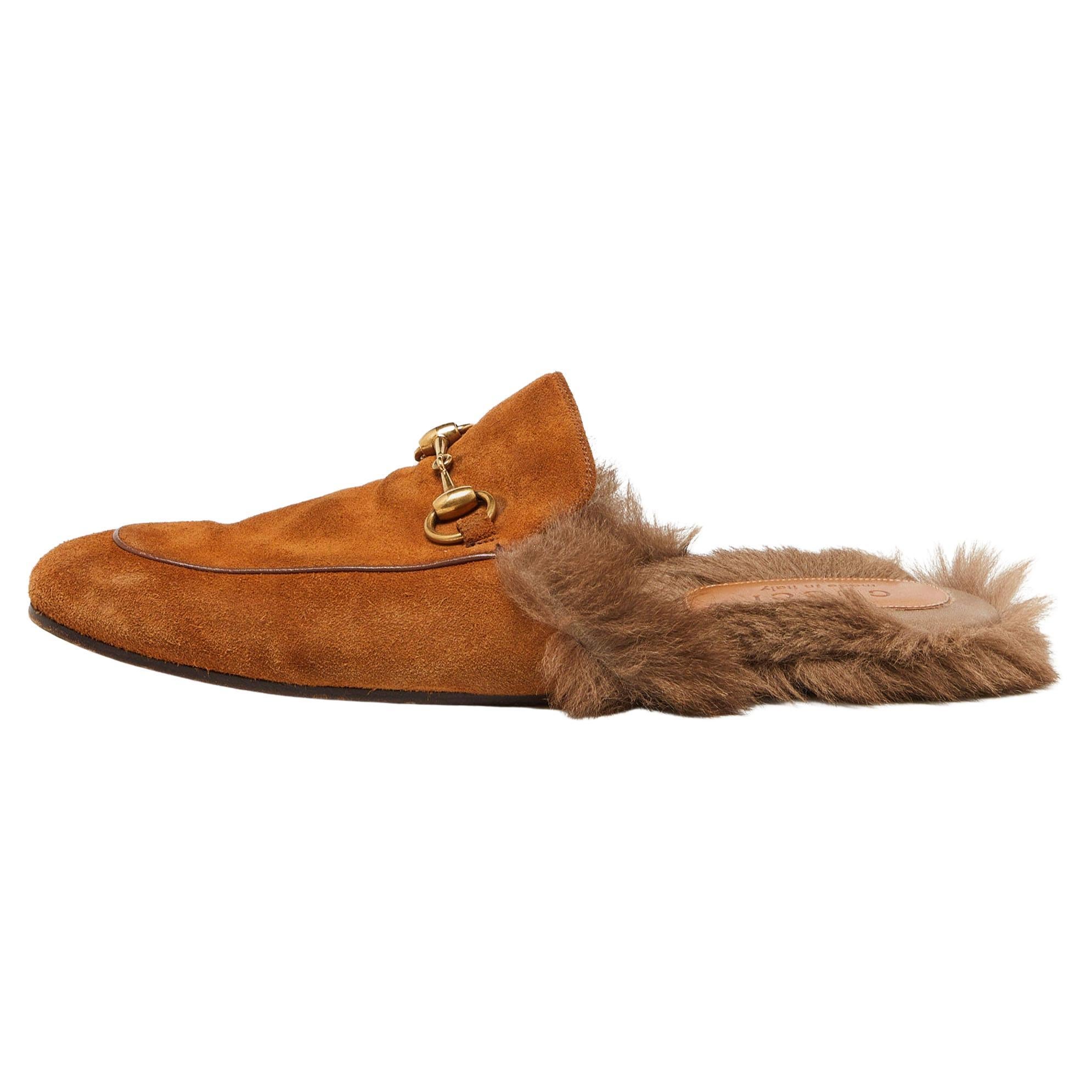 Gucci Brown Suede and Fur Lined Princetown Flat Mules Size 42 For Sale