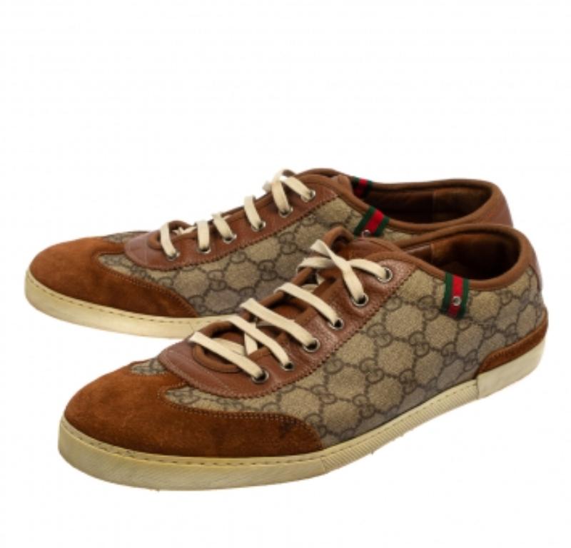 Essay your high style in these super-stylish sneakers from the house of Gucci! They are finely crafted from the signature GG canvas, suede, and leather and designed with round toes, laces on the vamps, the well-known web labels, and brand signature