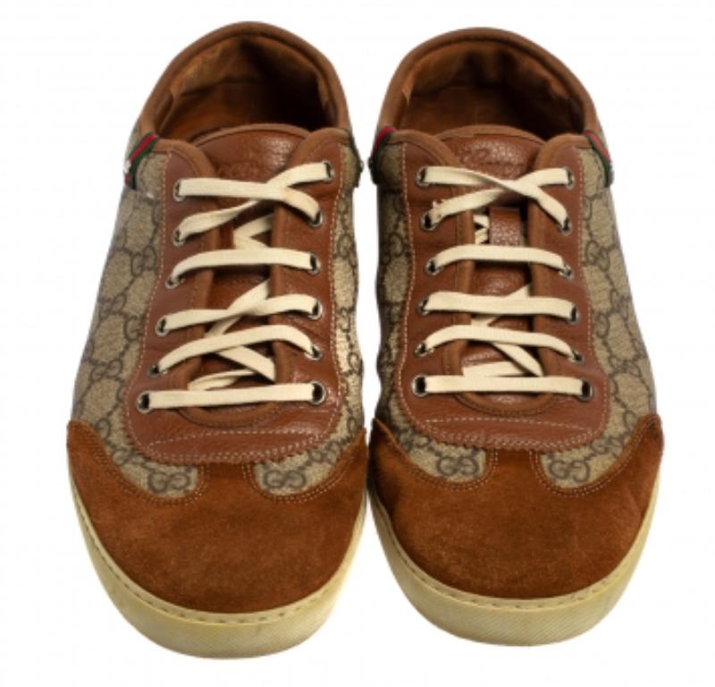 Gucci Brown Suede And GG Canvas Low Top Sneakers Size 45 In Fair Condition For Sale In Dubai, Al Qouz 2