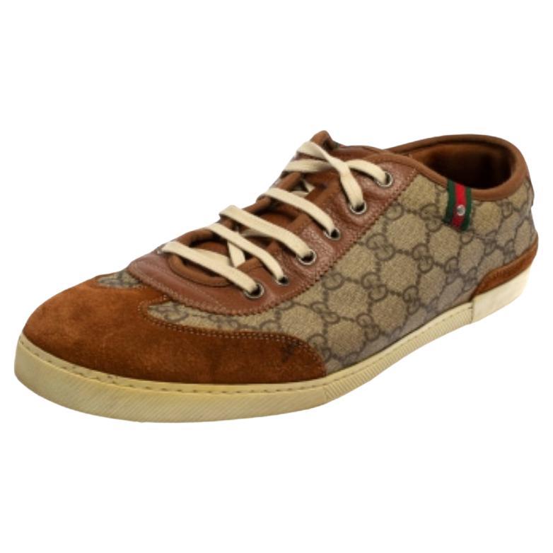 Men's Gucci Brown Suede And GG Canvas Low Top Sneakers Size 45 For Sale