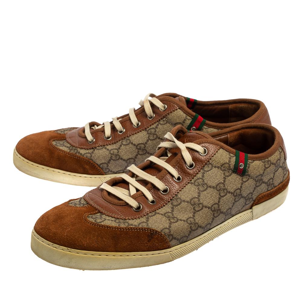 Men's Gucci Brown Suede And GG Canvas Low Top Sneakers Size 45 For Sale