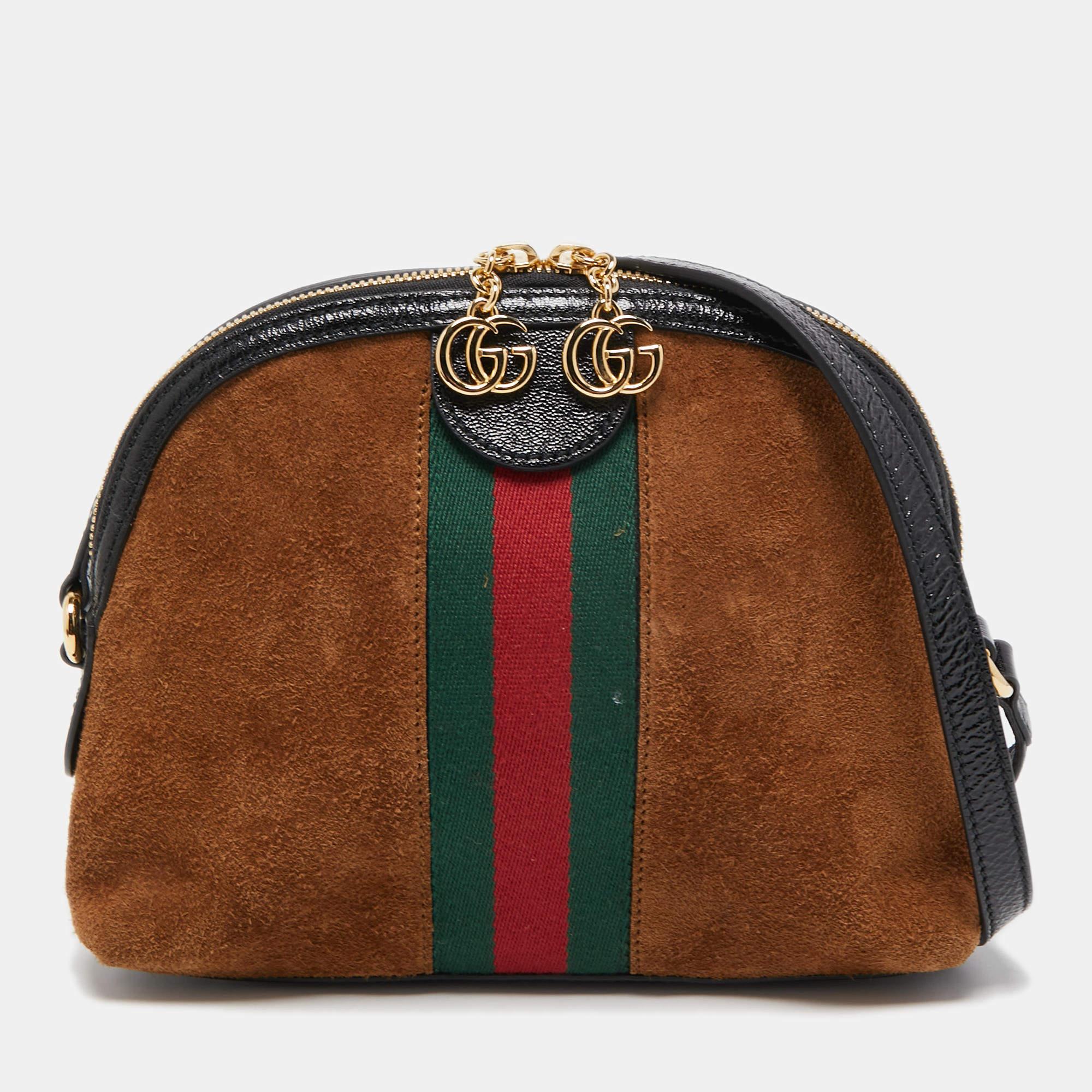 Gucci Brown Suede and Leather Small Web Ophidia GG Shoulder Bag In Good Condition In Dubai, Al Qouz 2