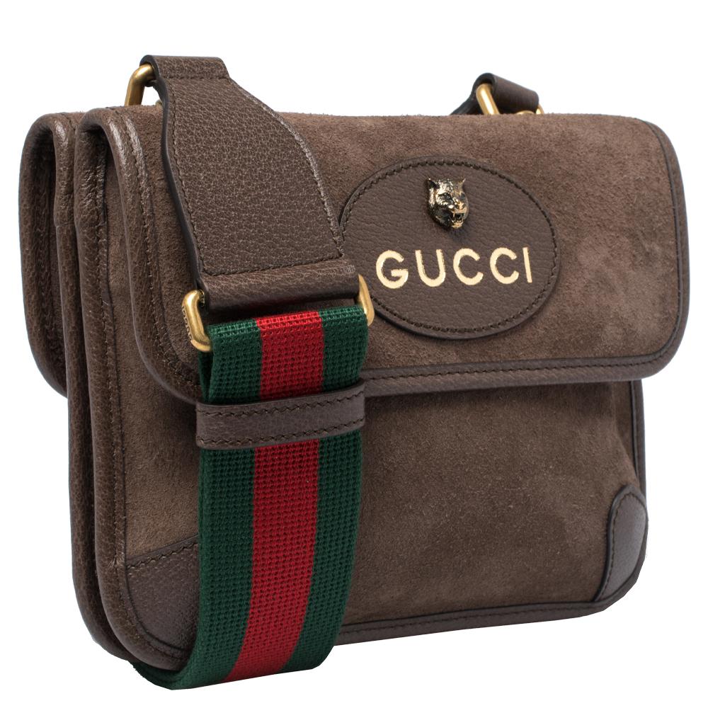 Gucci Braun Wildleder und Leder Web Neo Crossbody Tasche im Zustand „Neu“ in Dubai, Al Qouz 2