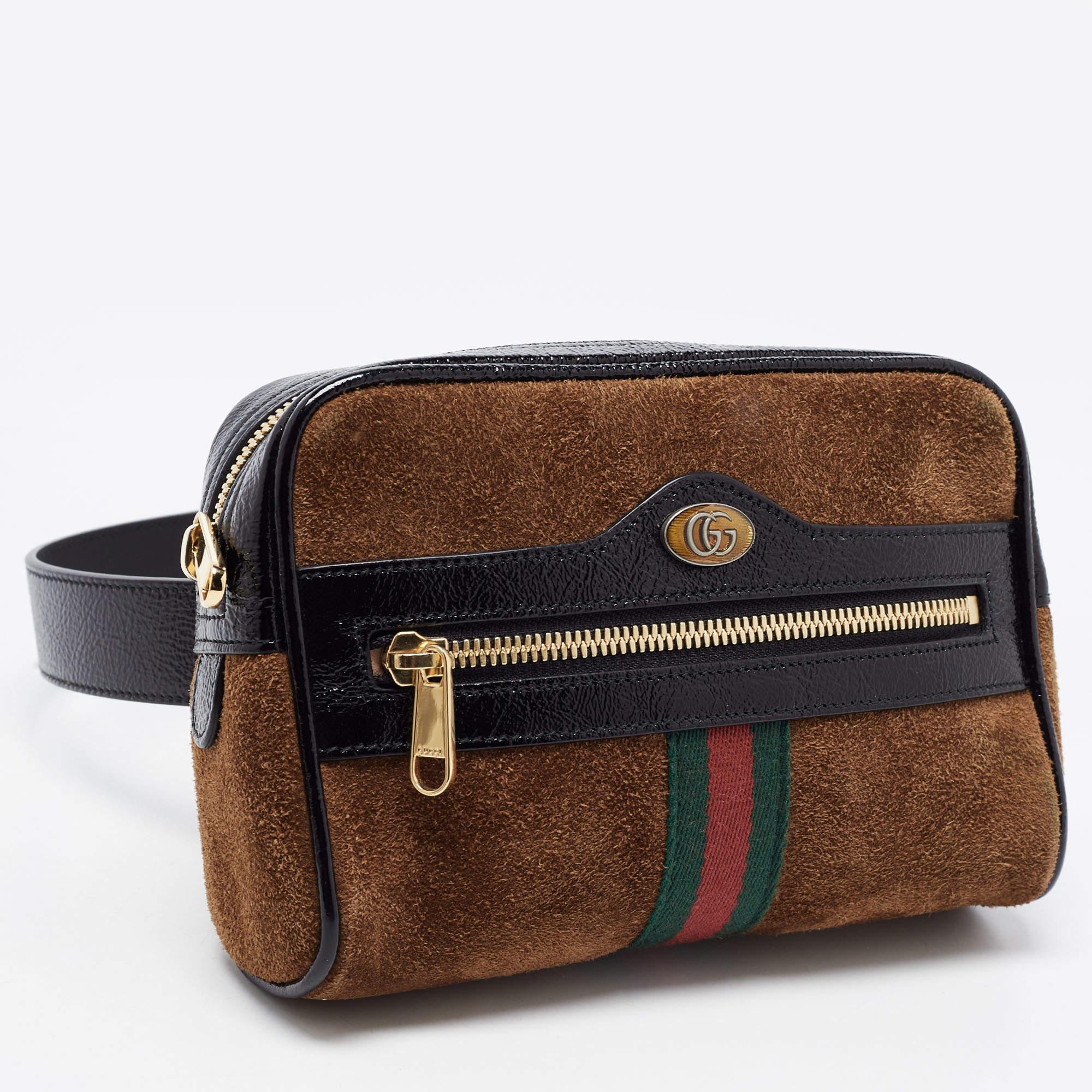 Gucci Brown Suede and Patent Leather GG Ophidia Belt Bag In Good Condition In Dubai, Al Qouz 2