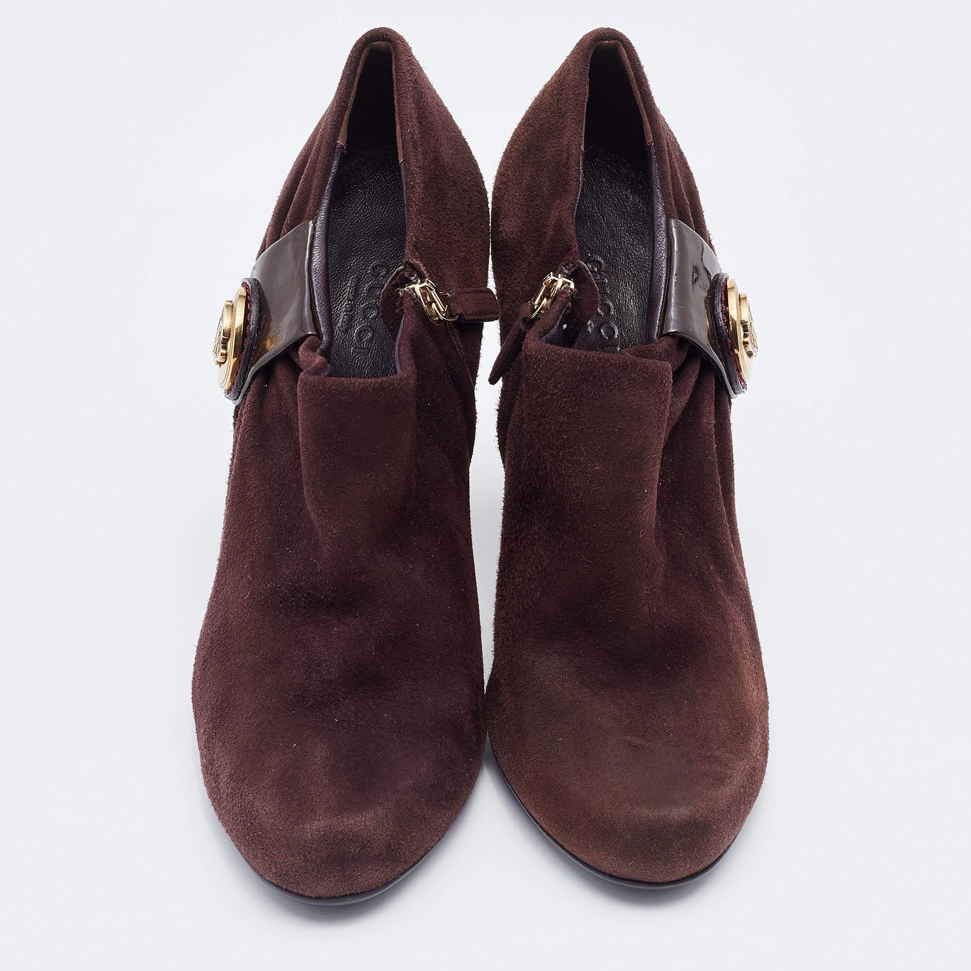 Bottines Hysteria en daim et cuir verni de Gucci Brown Taille 38 en vente 3