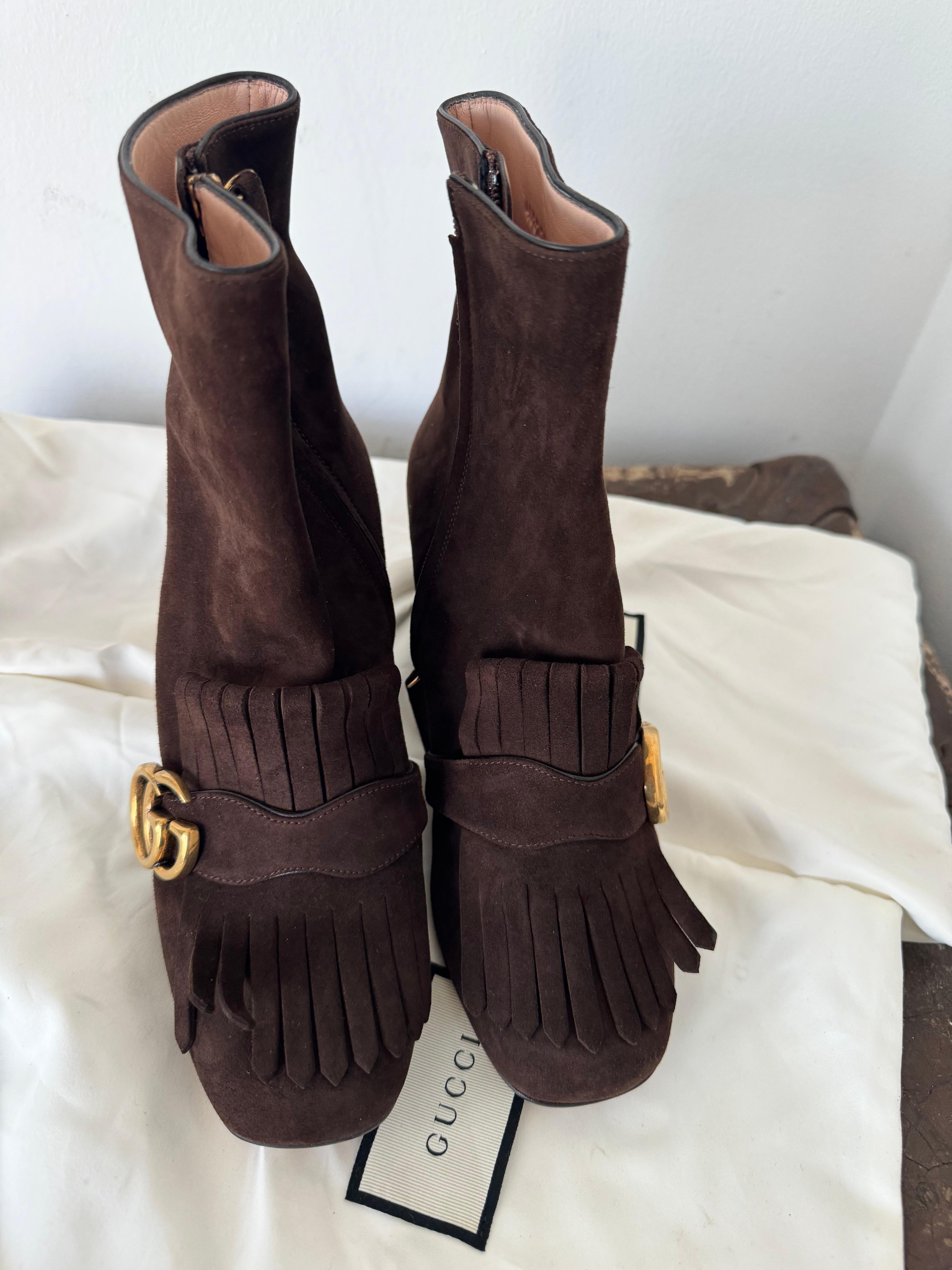 Gucci Brown Suede ankle boots with tassel and gold GG logo  For Sale 1