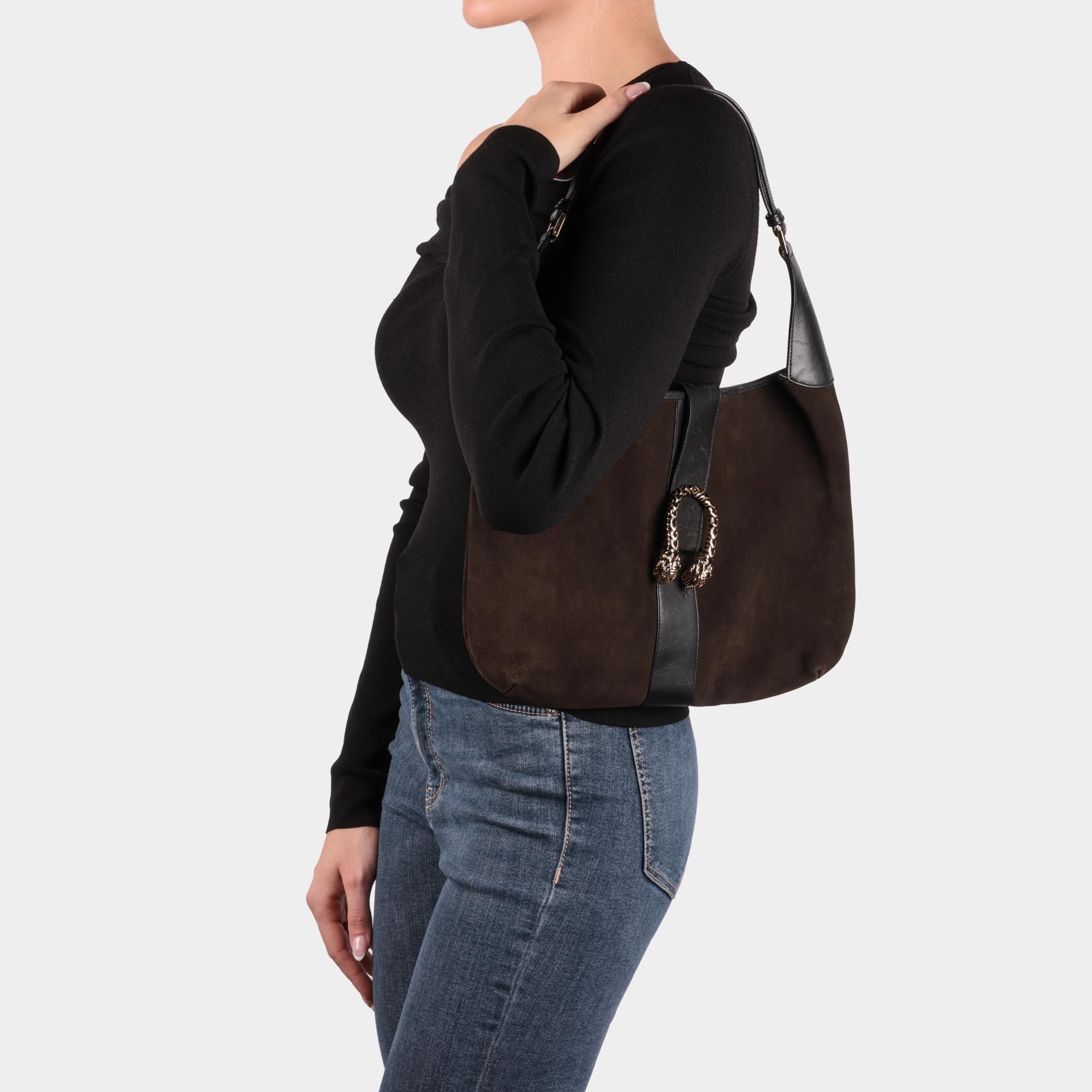 GUCCI Brown Suede & Black Calfskin Leather Vintage Dionysus Shoulder Bag For Sale 9