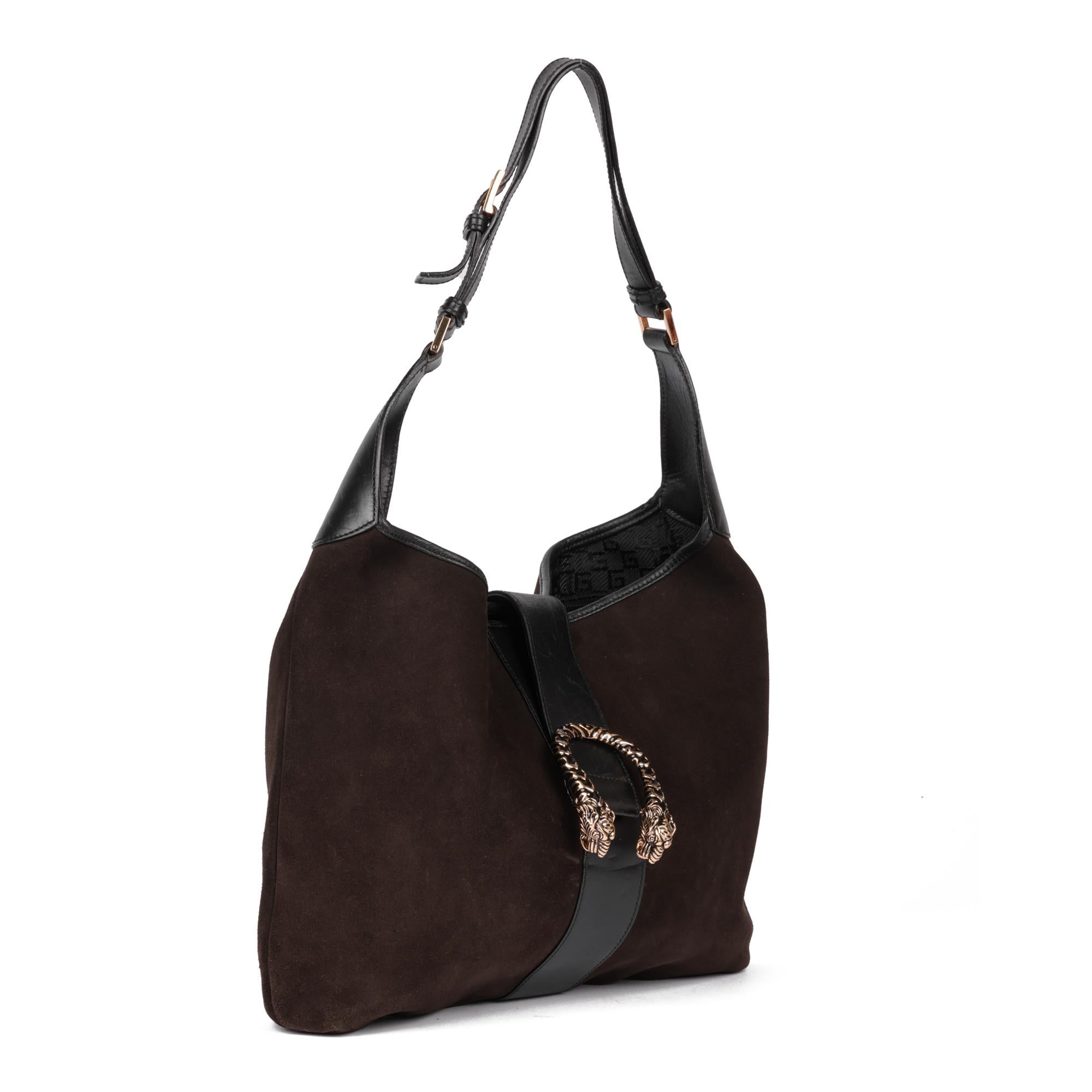 GUCCI
Brown Suede & Black Calfskin Leather Vintage Dionysus Shoulder Bag

Serial Number: 001.4067 000920
Age (Circa): 1990
Accompanied By: Gucci Dust Bag, Care Card
Authenticity Details: Date Stamp (Made in Italy)
Gender: Ladies
Type: Top Handle,