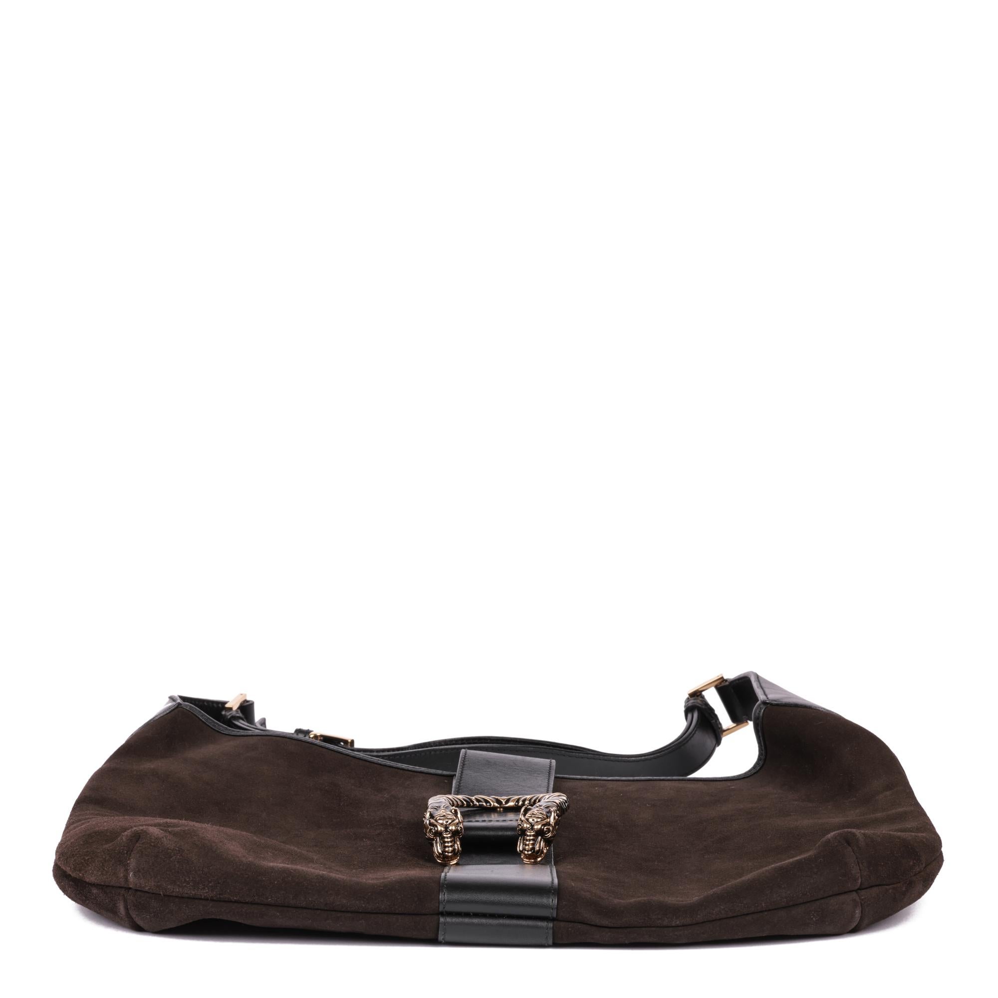 GUCCI Brown Suede & Black Calfskin Leather Vintage Dionysus Shoulder Bag For Sale 2