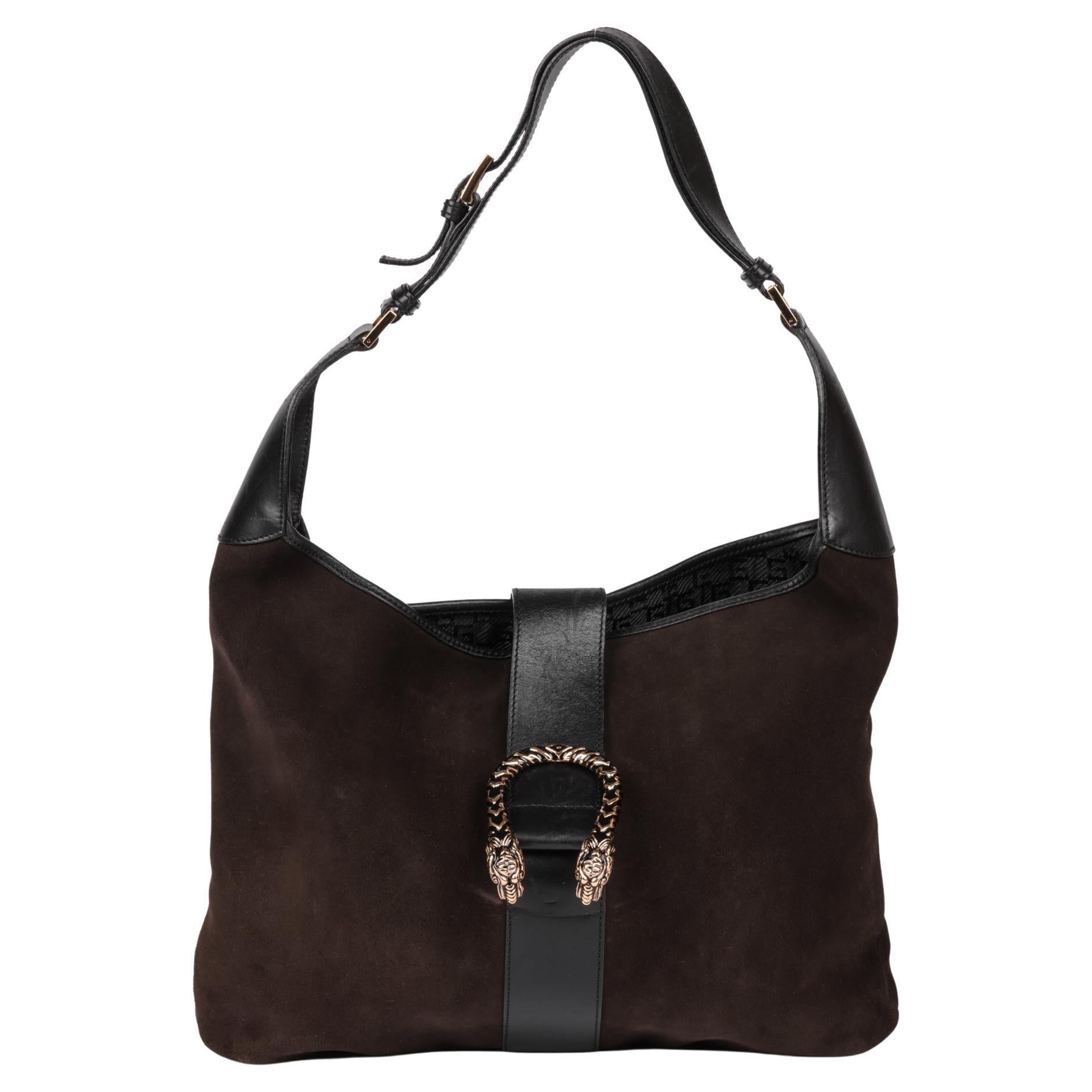 GUCCI Brown Suede & Black Calfskin Leather Vintage Dionysus Shoulder Bag For Sale
