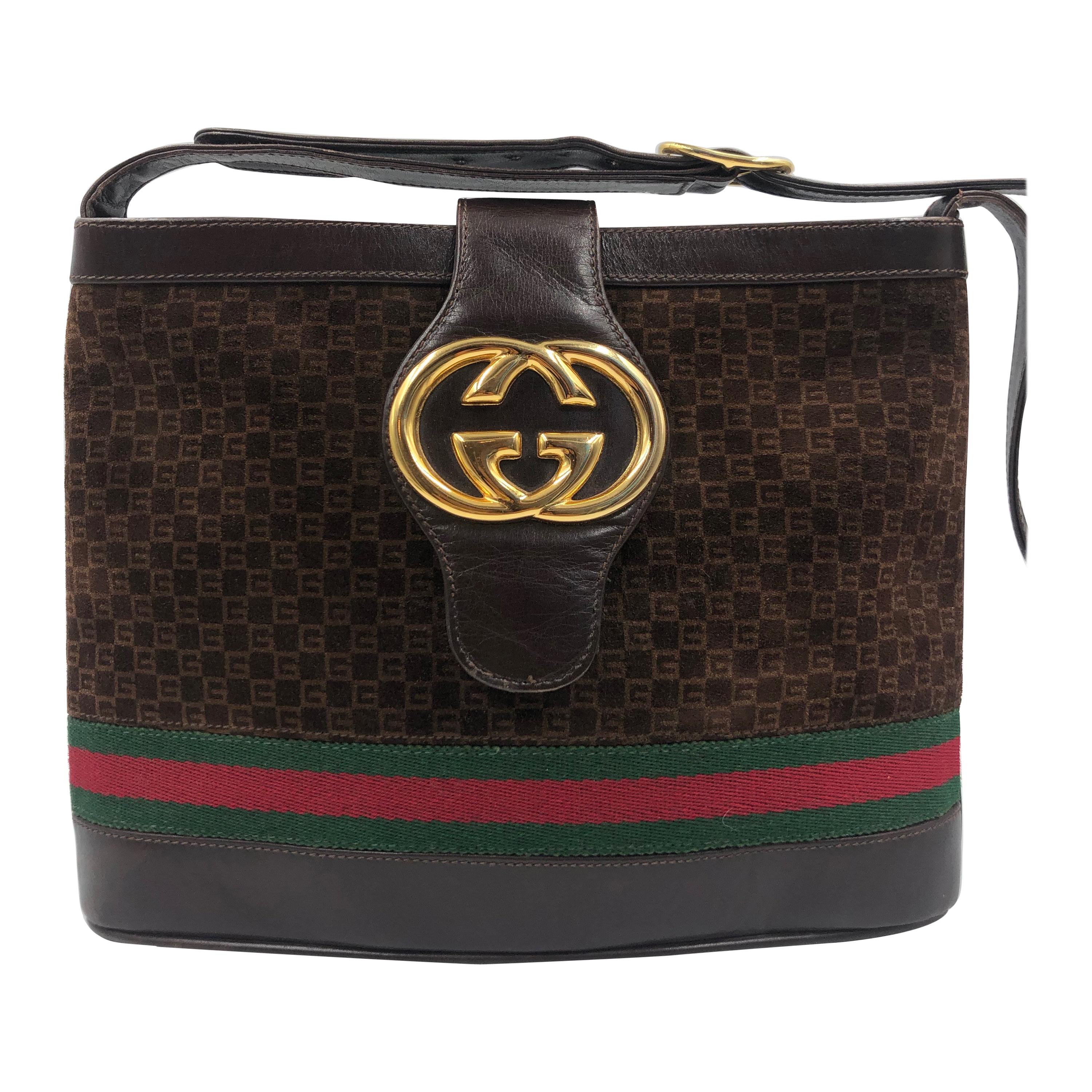 Gucci Brown Suede Bucket Bag with Leather Snap Closure