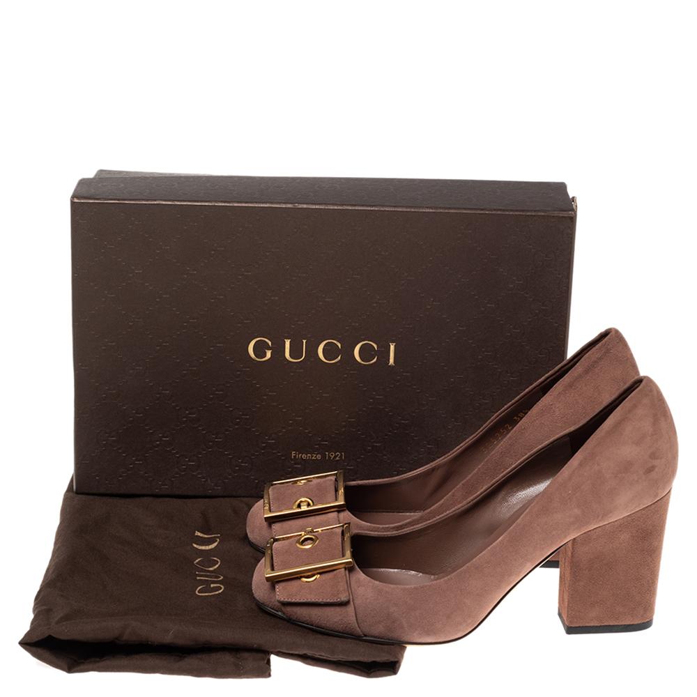 Gucci Brown Suede Buckle Detail Block Heel Pumps Size 38.5 3