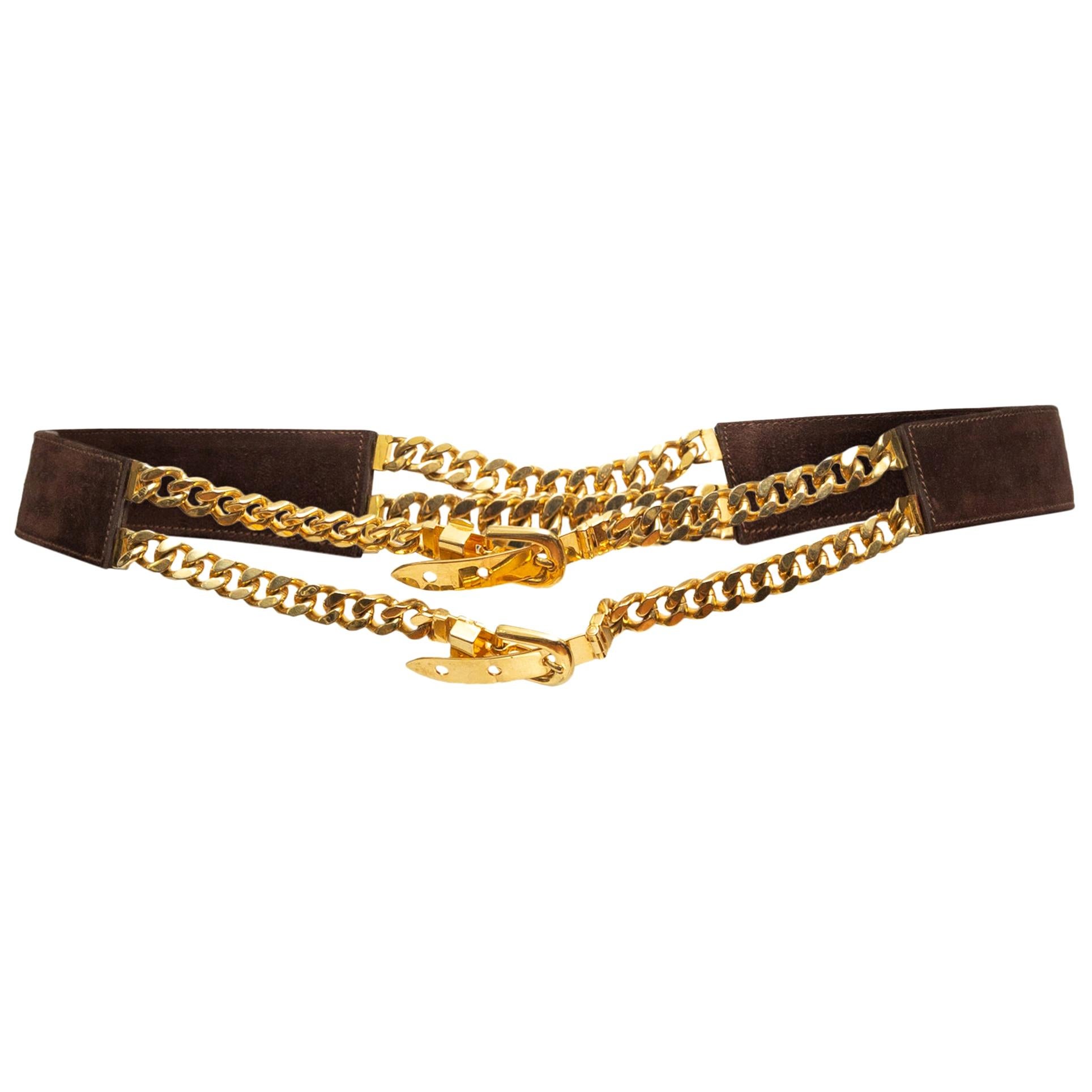 Gucci Brown Suede 
Chain-Link Belt