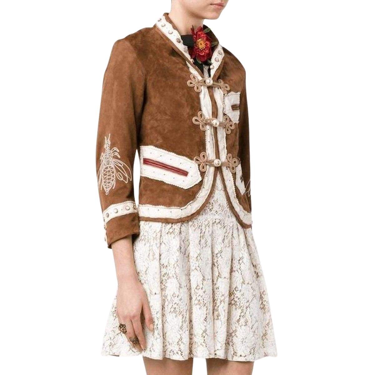Gucci Brown Suede Embroidered Jacket  size IT40 In New Condition For Sale In Brossard, QC