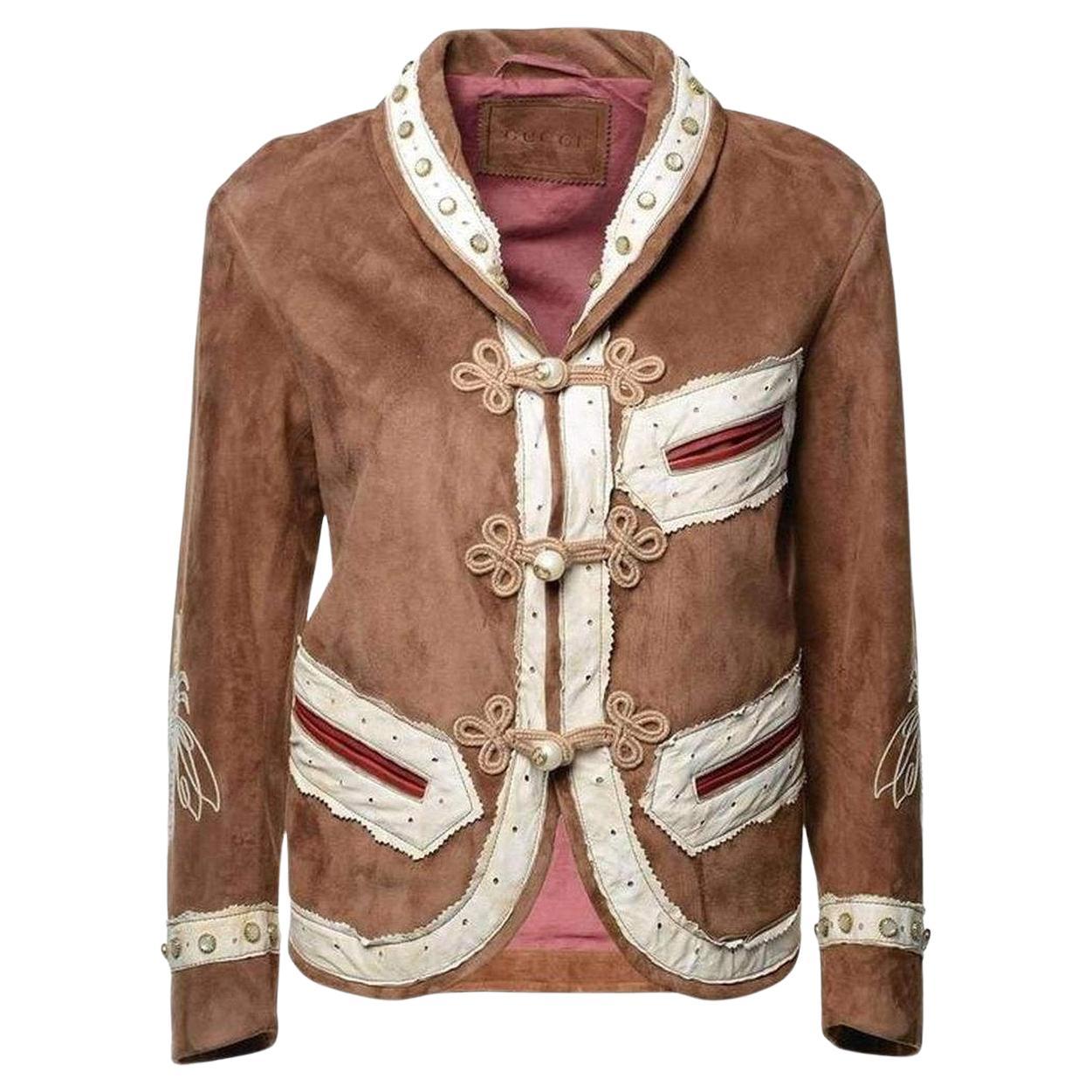 Gucci Brown Suede Embroidered Jacket  size IT40 For Sale