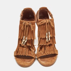 Gucci Brown Suede Fringe Bow Ankle Strap Sandals Size 36