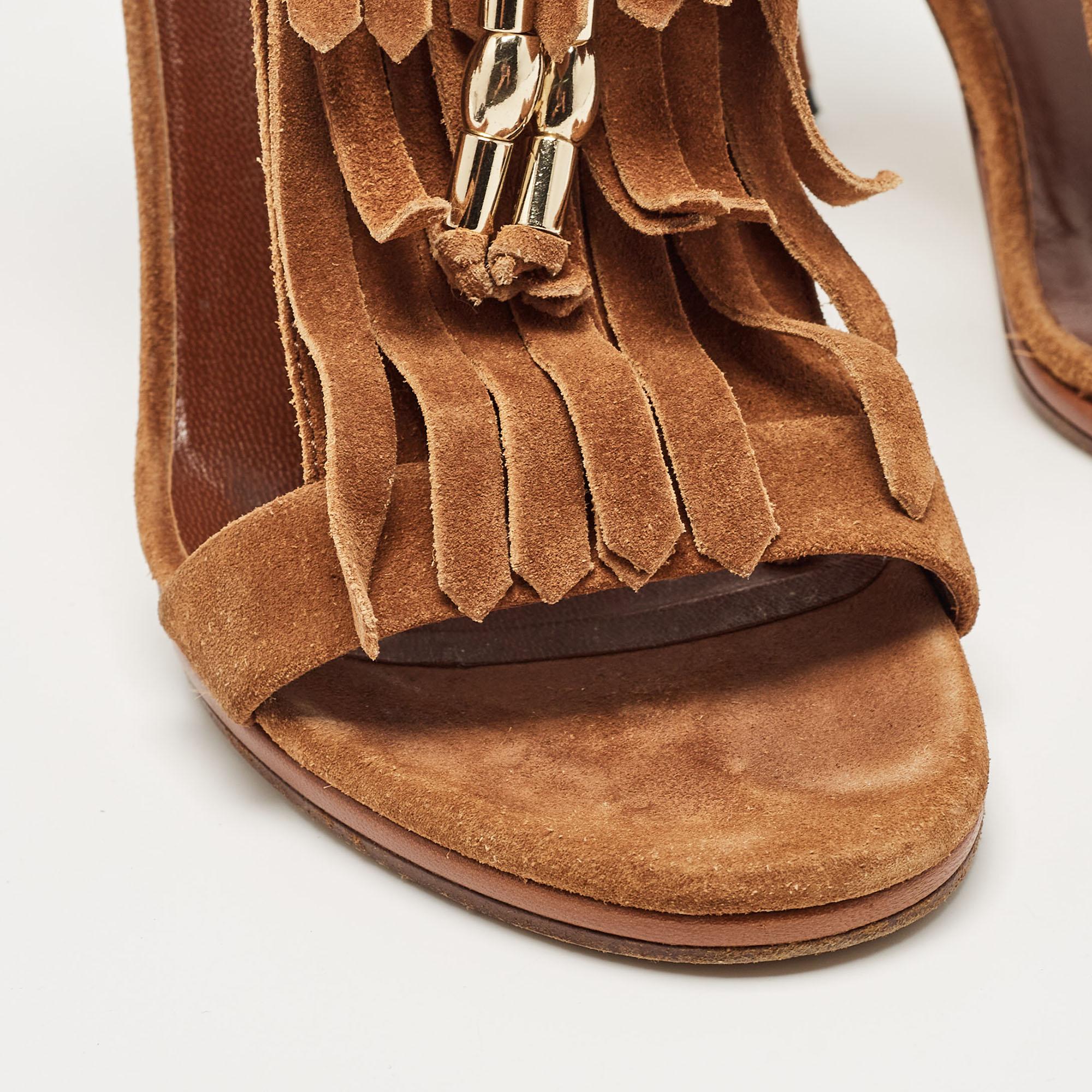 Women's Gucci Brown Suede Fringe Bow Ankle Strap Sandals Size 36 For Sale